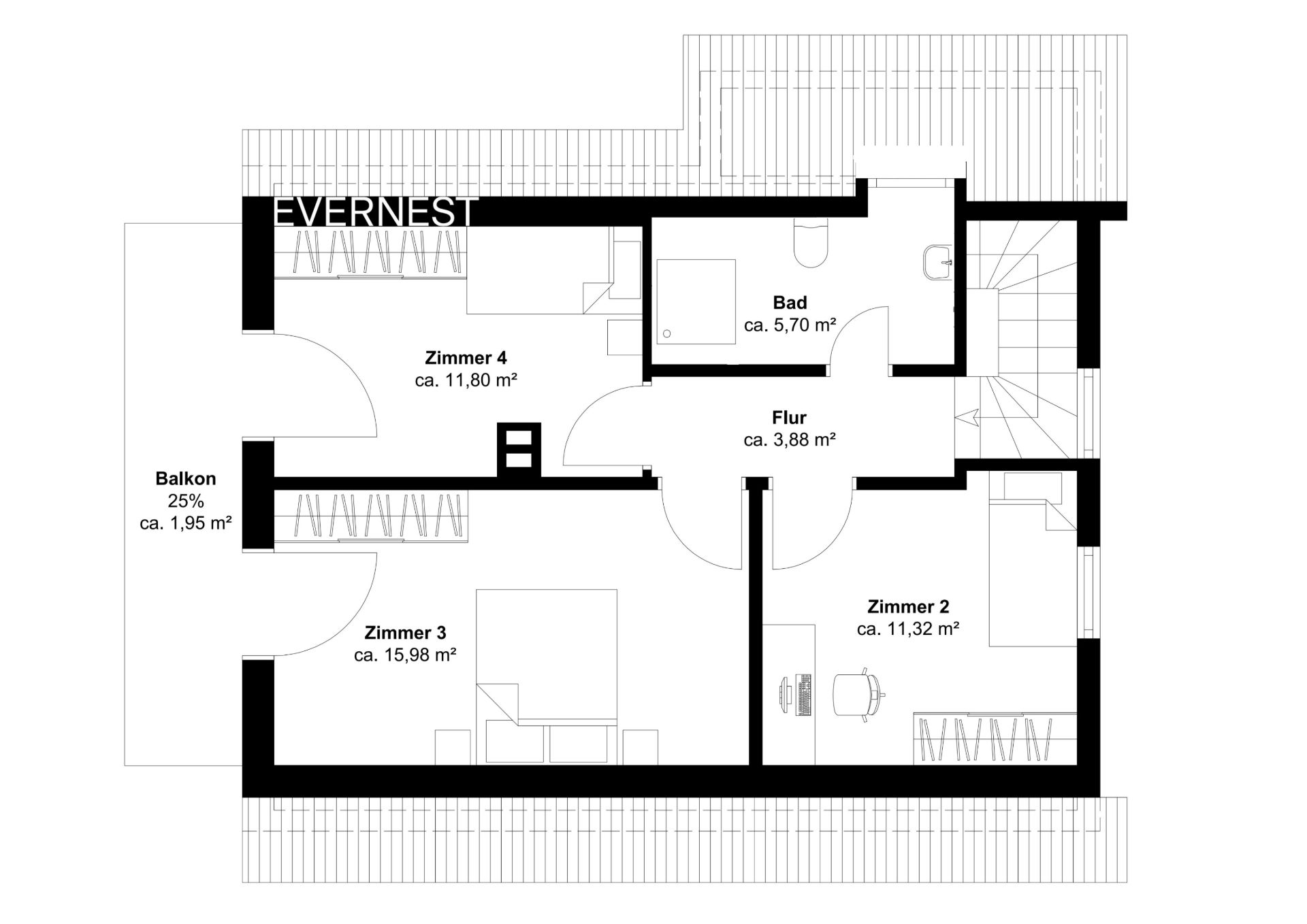 Grundriss mit drei Zimmern, Bad, Flur und Balkon.