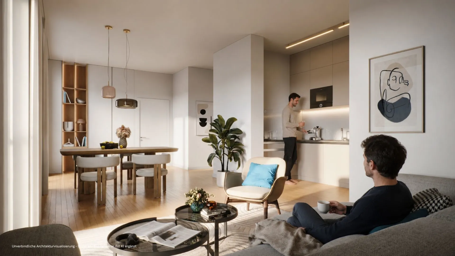Helles Wohnzimmer mit offener Küche, Esstisch, Pflanzen und zwei Personen.