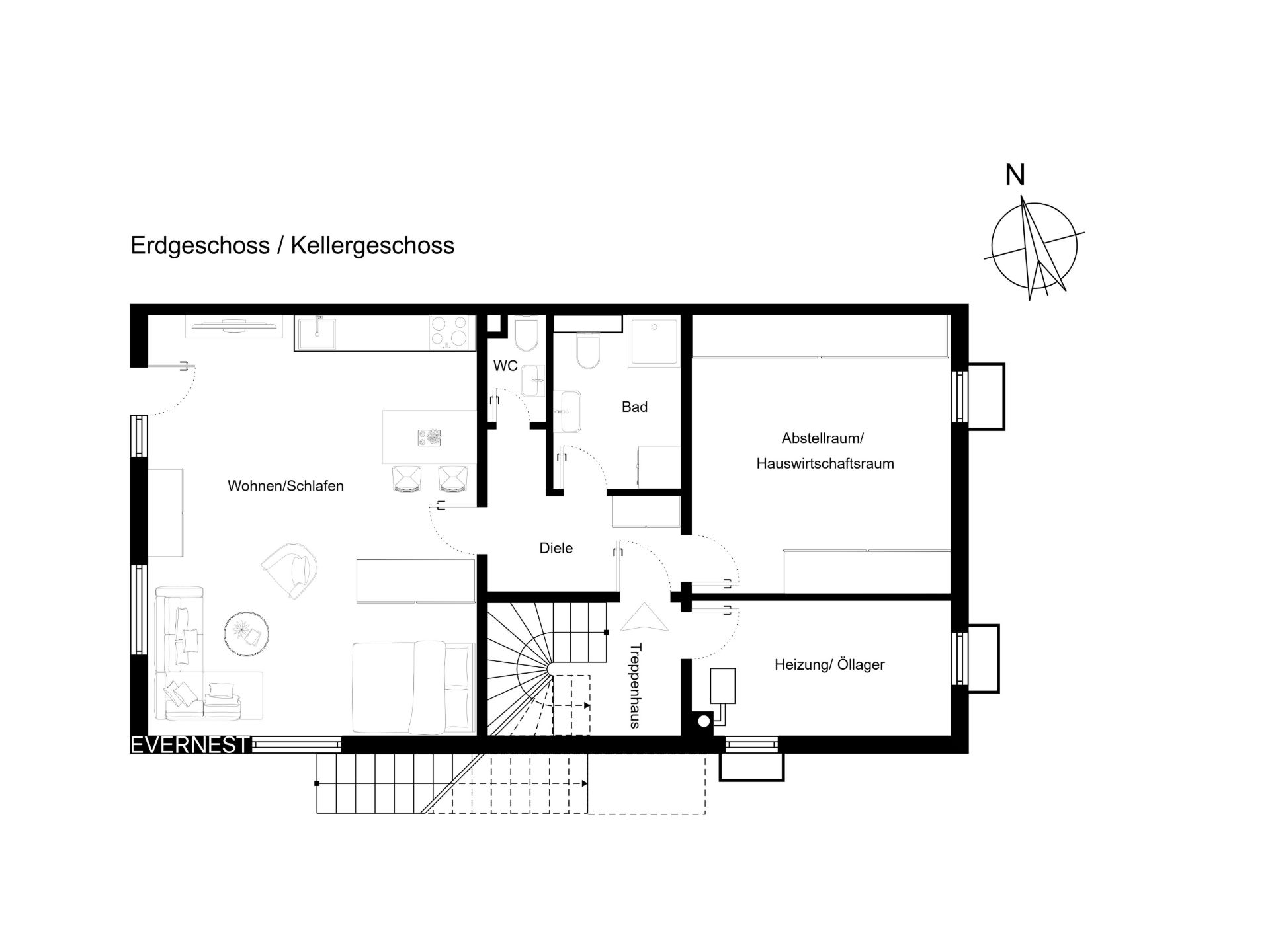 Grundriss eines Wohnhauses mit Wohn-/Schlafzimmer, Bad, Abstellraum und Heizungsraum.