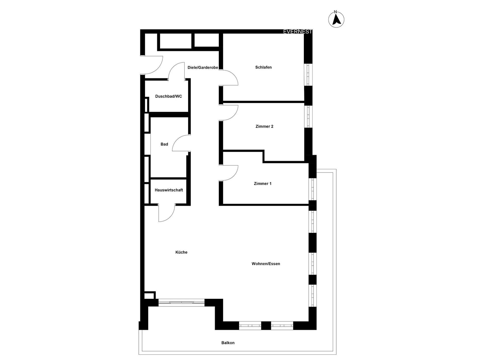 Grundriss einer Wohnung mit drei Zimmern, Küche, Bad, Hauswirtschaft und Balkon.