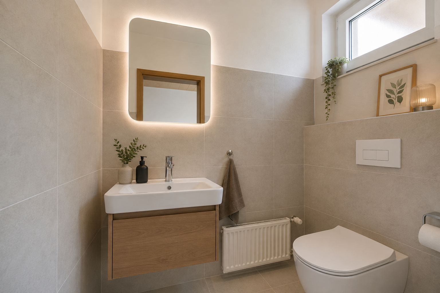 Modernes Badezimmer mit Waschbecken, Spiegel, Toilette und Fenster.
