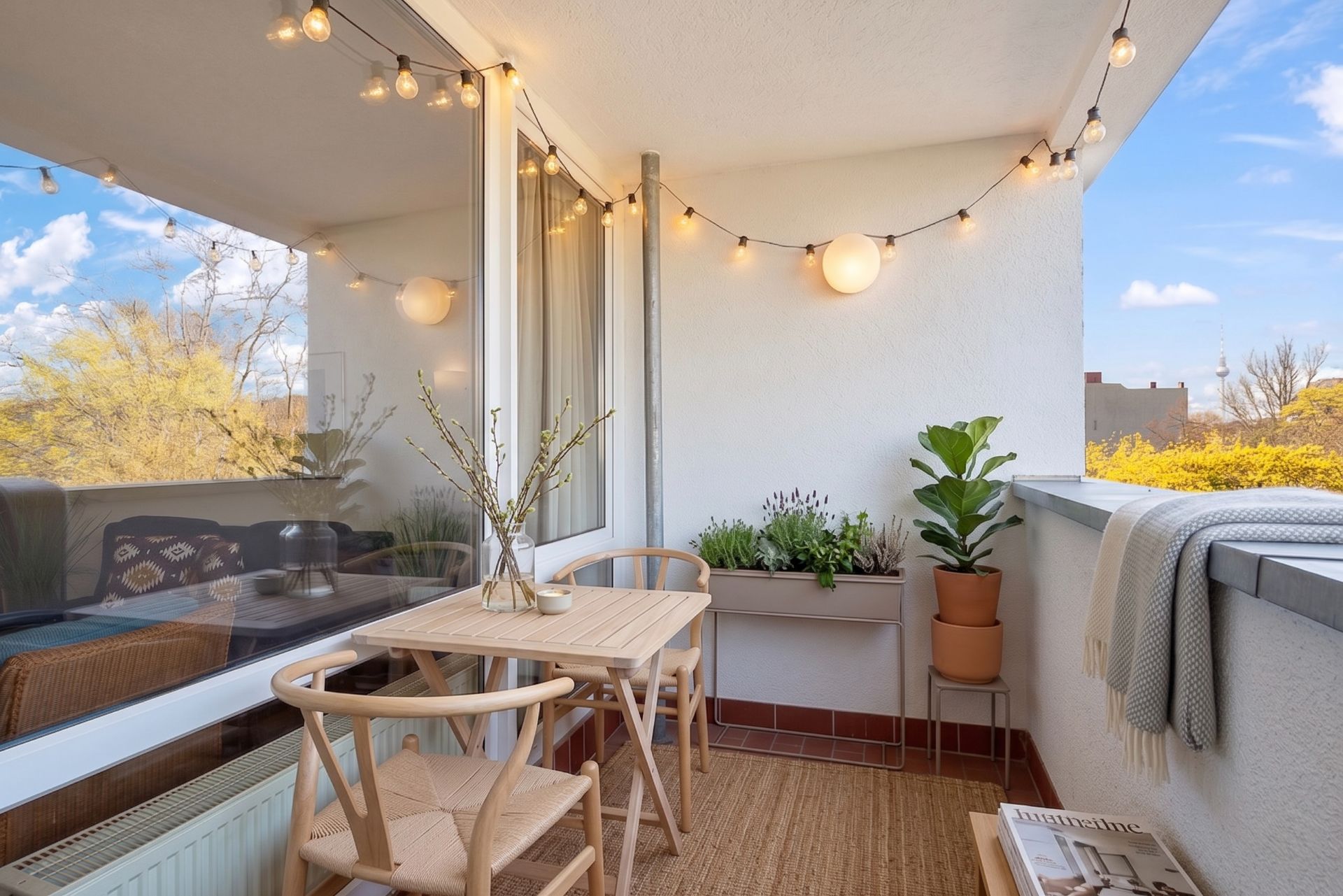 Balkon mit Holztisch, zwei Stühlen, Pflanzen und Lichterkette an der Decke.