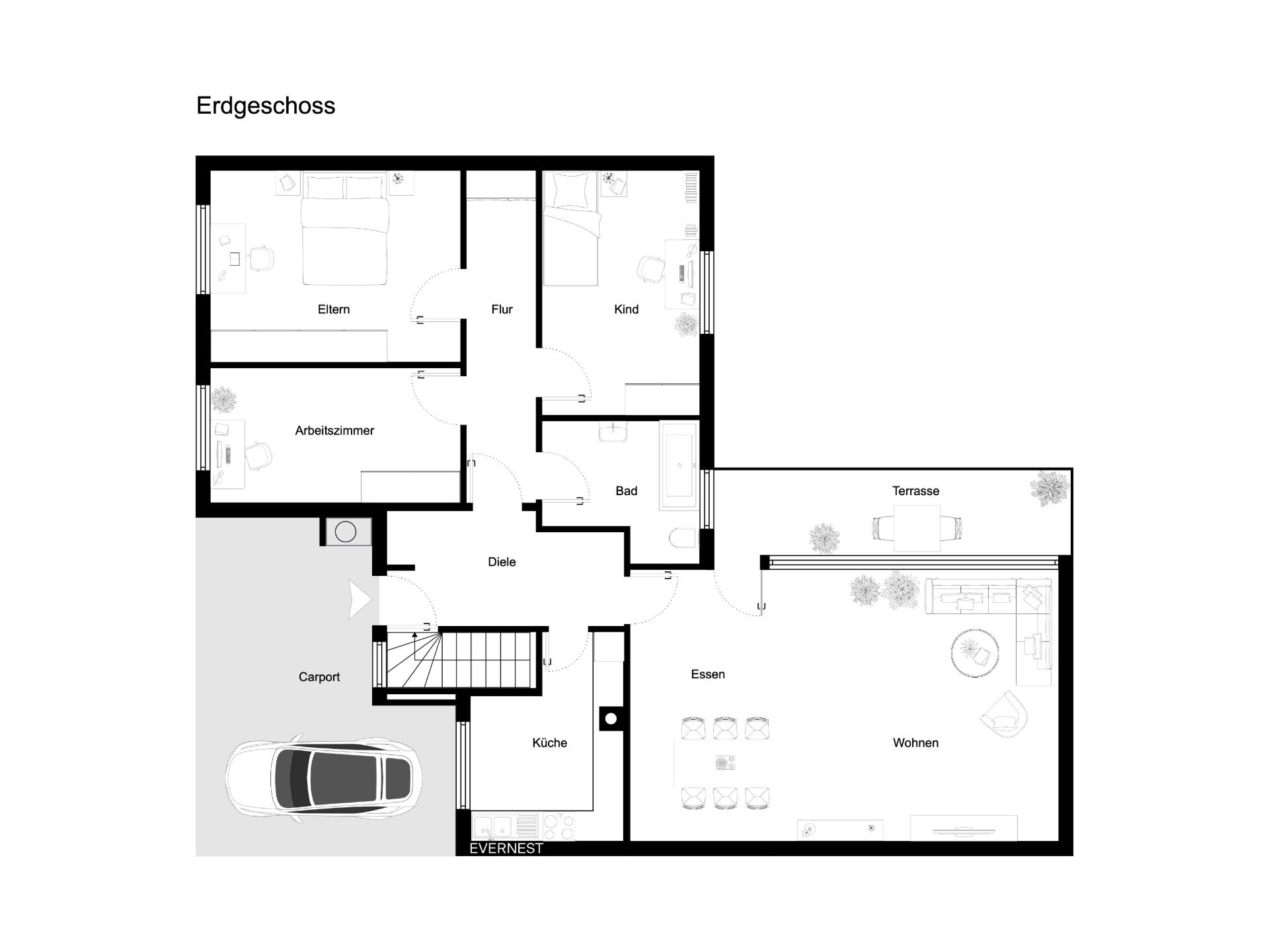 Grundriss des Erdgeschosses mit Küche, Wohnbereich, Schlafzimmer, Kinderzimmer, Bad und Terrasse.