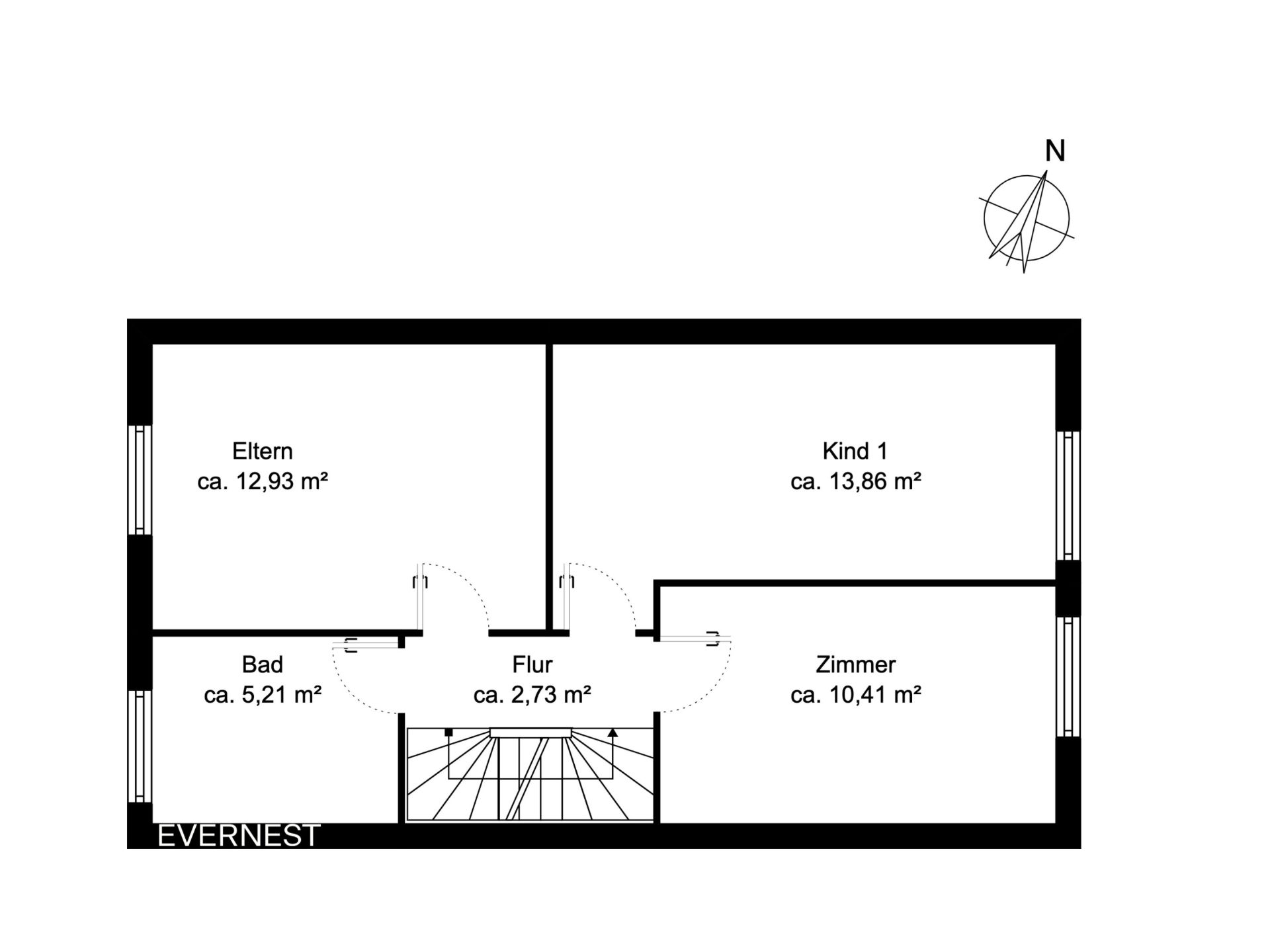 Grundriss mit drei Zimmern, Bad, Flur und Treppe, Beschriftungen und Flächenangaben.