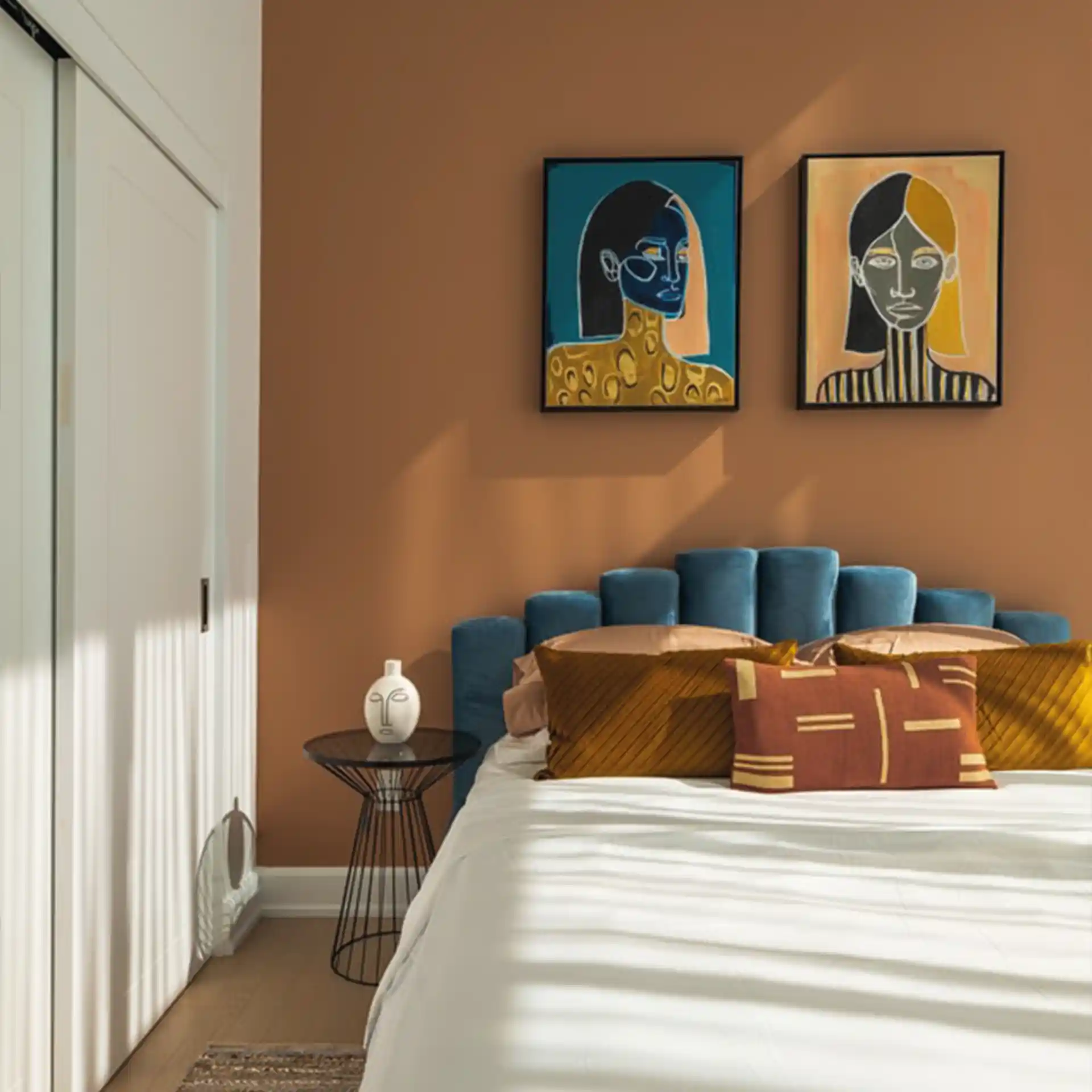 Schlafzimmer mit blauem Bett, Kissen, Nachttisch und zwei abstrakten Porträts an brauner Wand.