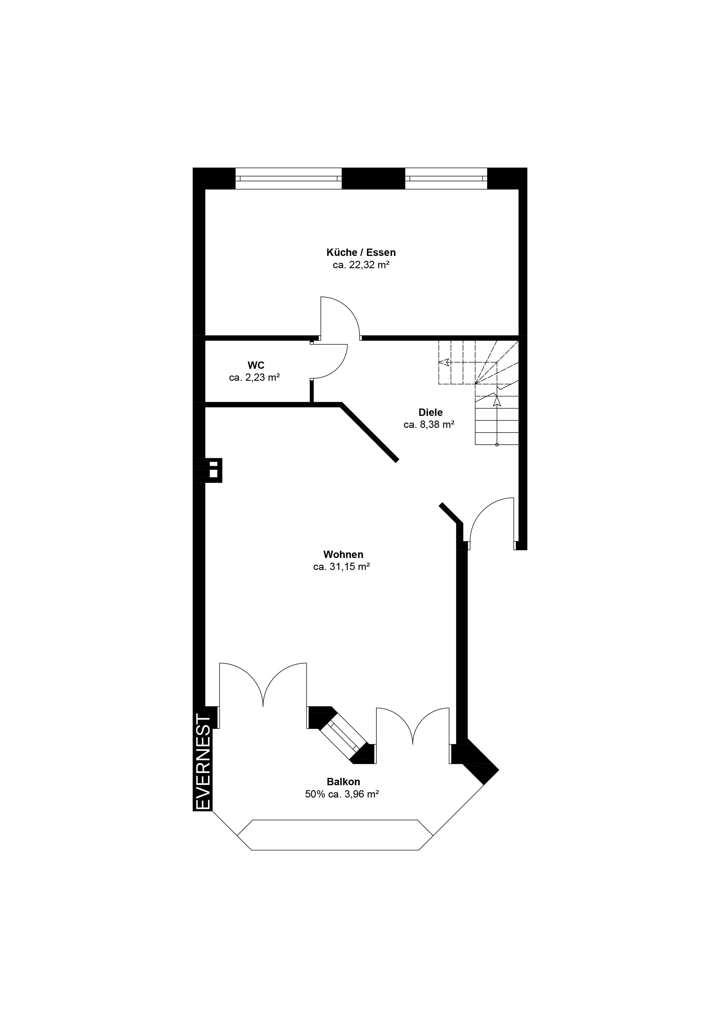 Grundriss einer Wohnung mit Küche, Wohnen, WC, Diele und Balkon.