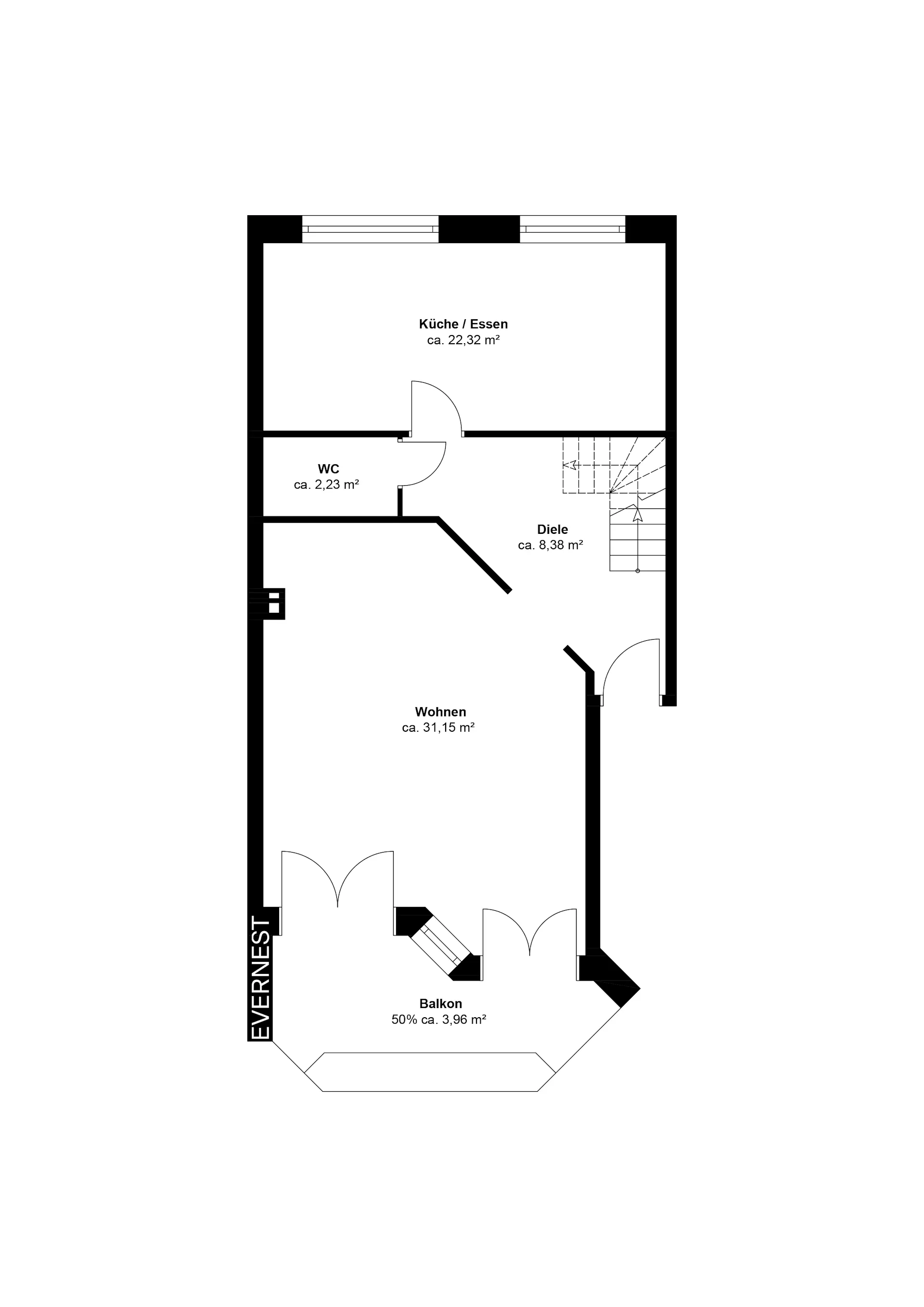 Grundriss einer Wohnung mit Küche, Wohnen, WC, Diele und Balkon.