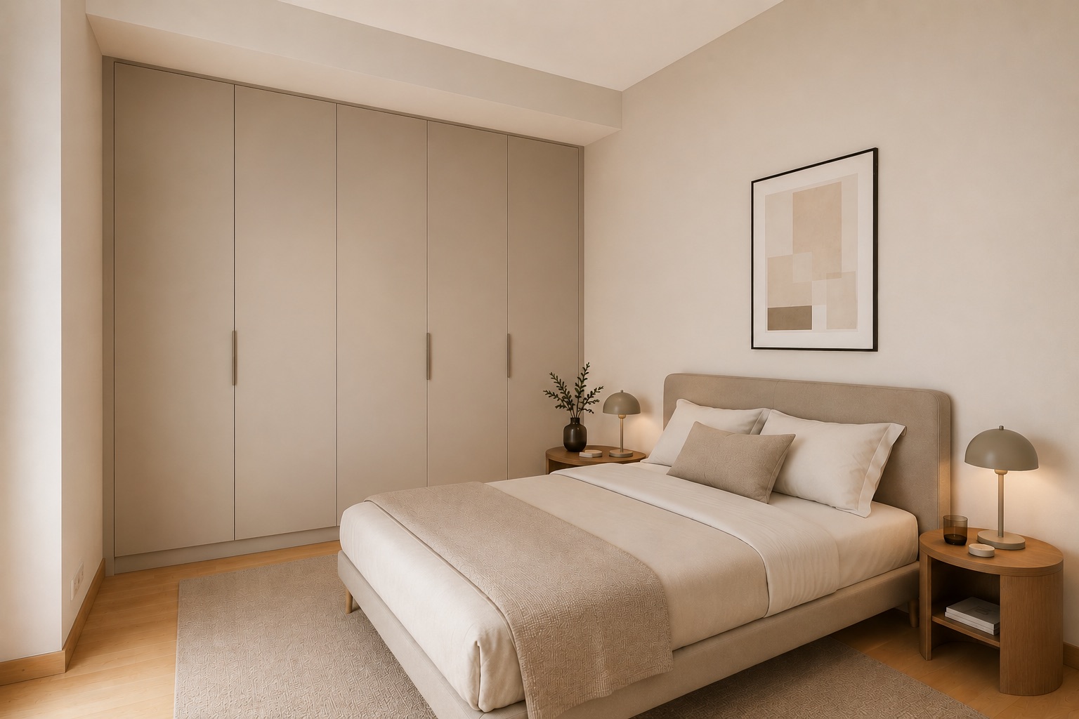 Modernes Schlafzimmer mit Doppelbett, großem Schrank und zwei Nachttischen mit Lampen.