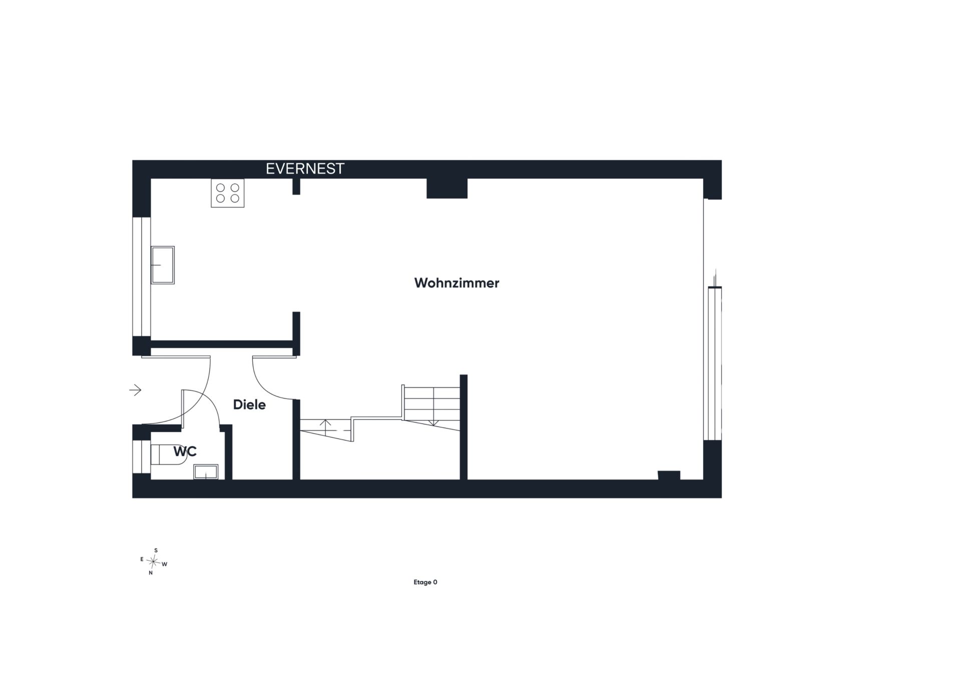 Grundriss mit Wohnzimmer, Küche, WC, Diele und Treppe.