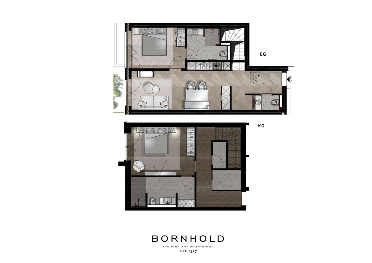 Grundriss einer zweistöckigen Wohnung mit Schlafzimmern, Badezimmern und Wohnbereichen.