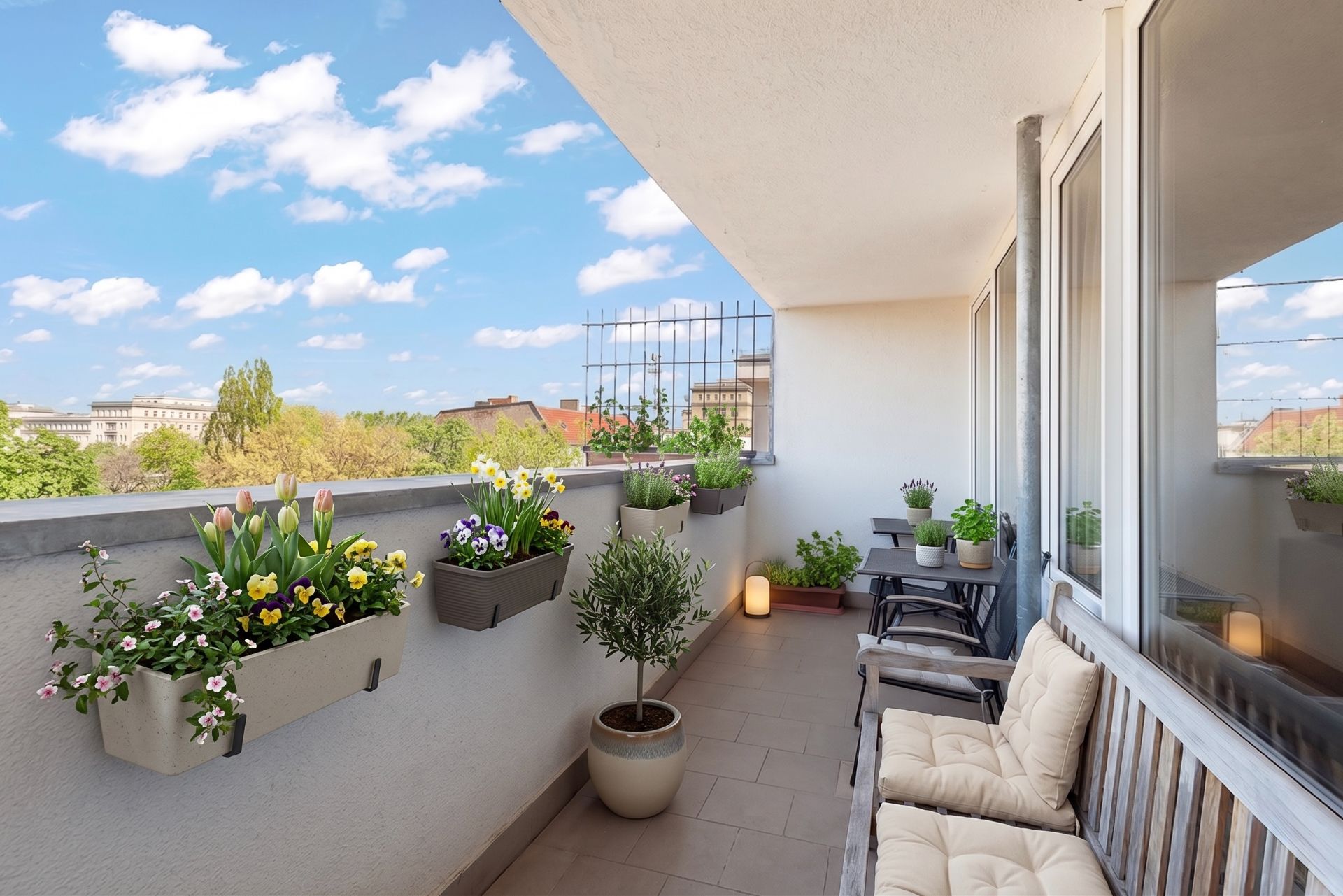 Langer Balkon mit Blumen, Pflanzen, Holzbänken und hellen Kissen, Blick auf grüne Bäume.