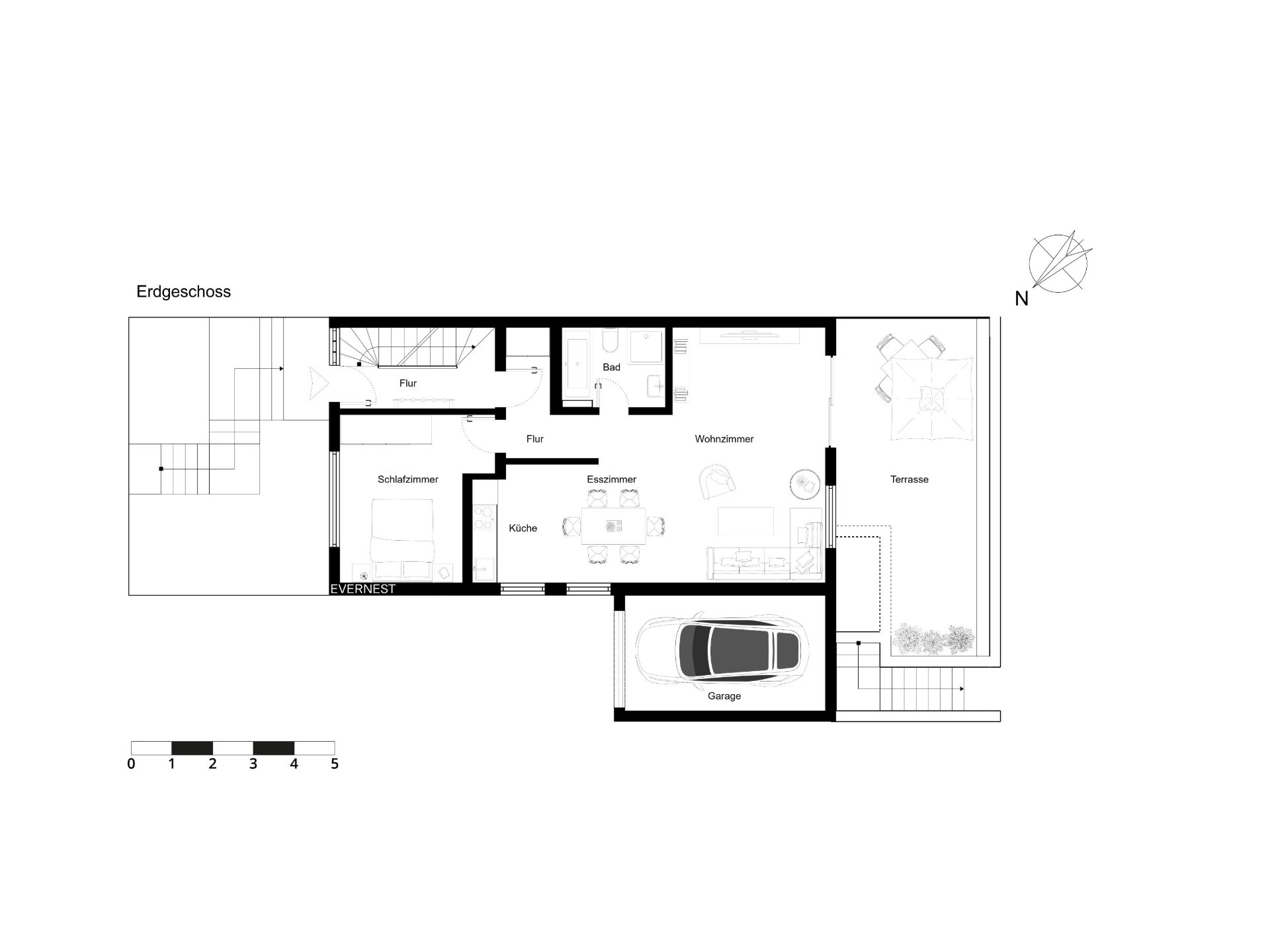 Grundriss des Erdgeschosses mit Schlafzimmer, Bad, Wohnzimmer, Küche, Esszimmer, Garage und Terrasse.
