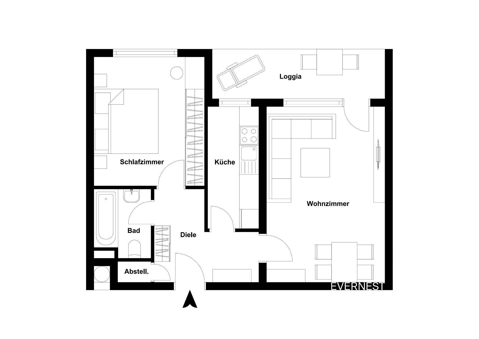 Grundriss einer Wohnung mit Schlafzimmer, Wohnzimmer, Küche, Bad, Abstellraum und Loggia.
