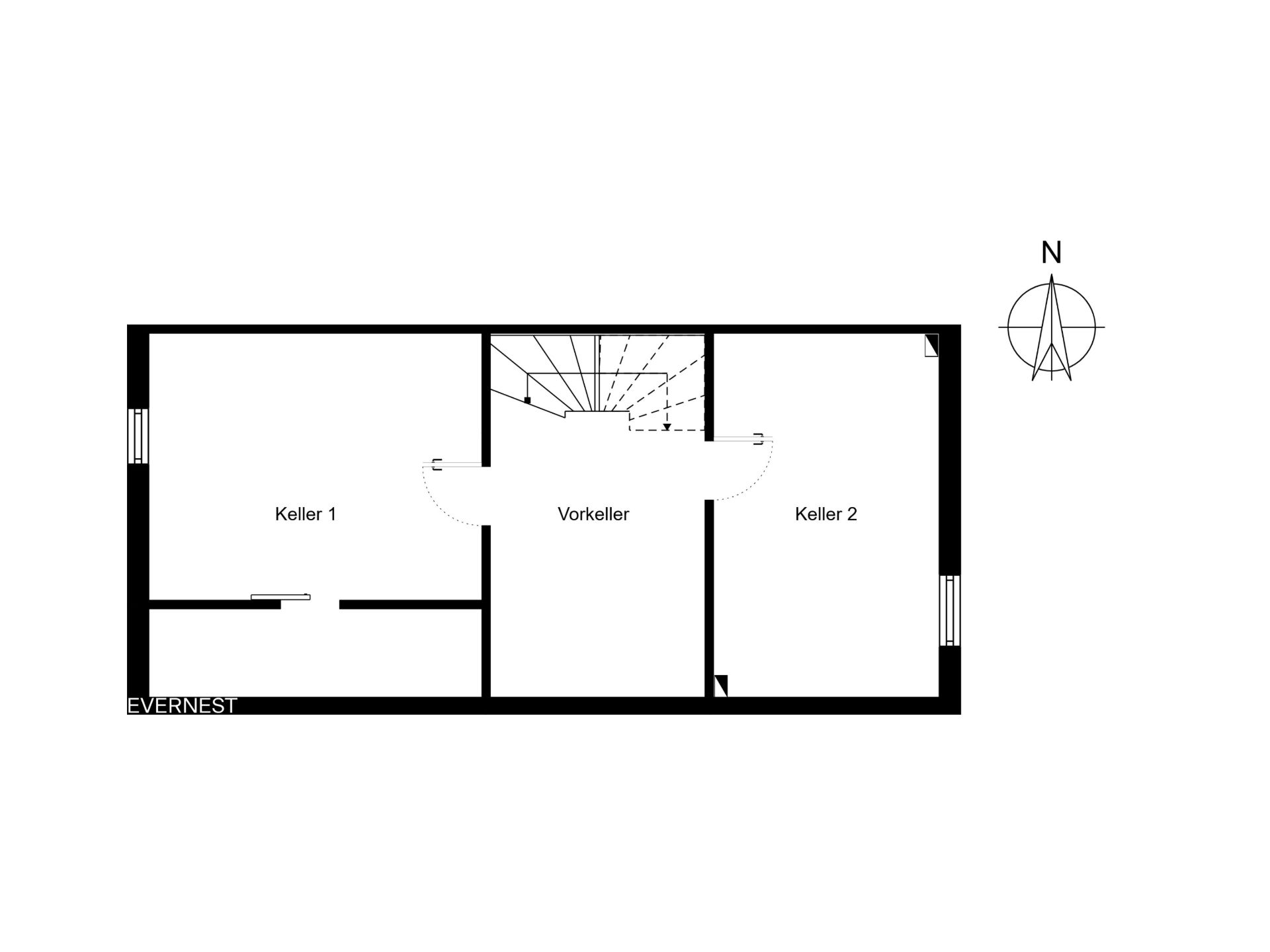 Grundriss mit zwei Kellerräumen und einem Vorkeller, Treppe in der Mitte.