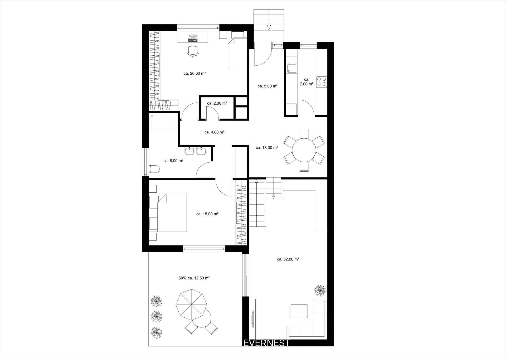 Grundriss einer Wohnung mit Wohnzimmer, Schlafzimmer, Küche, Bad und Terrasse.