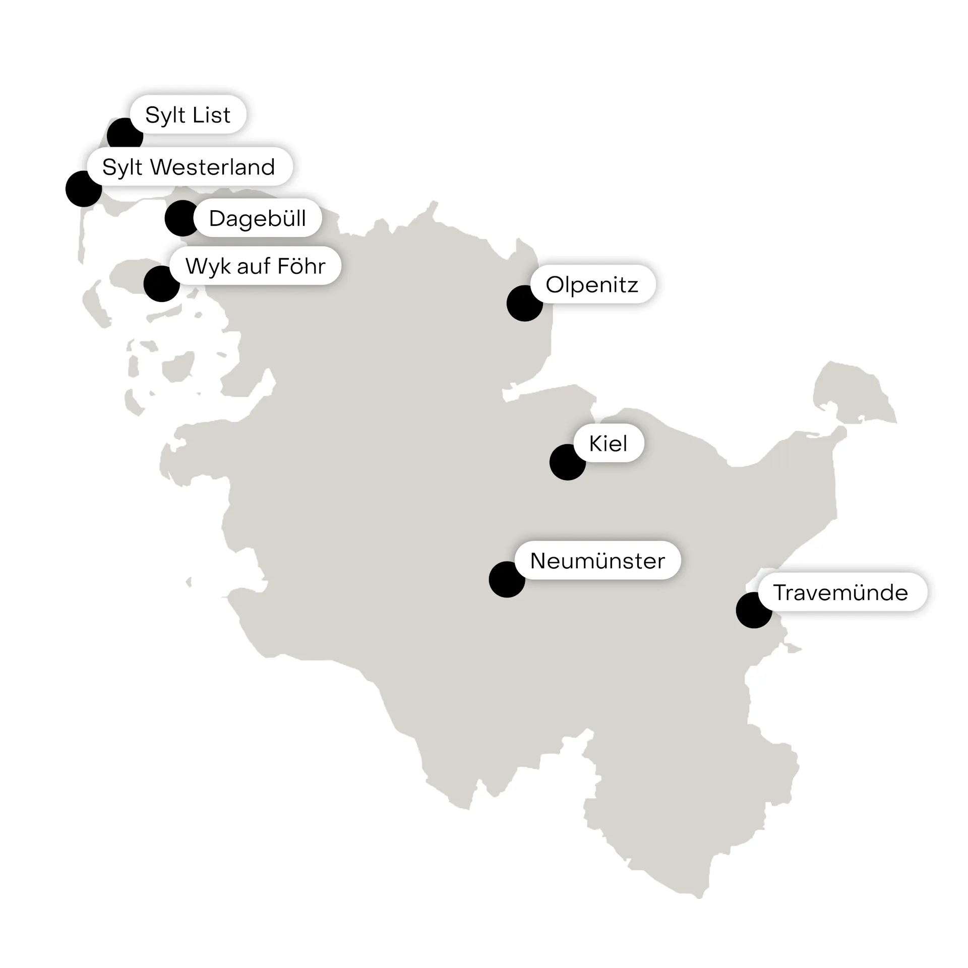 Karte von Schleswig-Holstein mit markierten Städten wie Kiel, Neumünster und Travemünde.