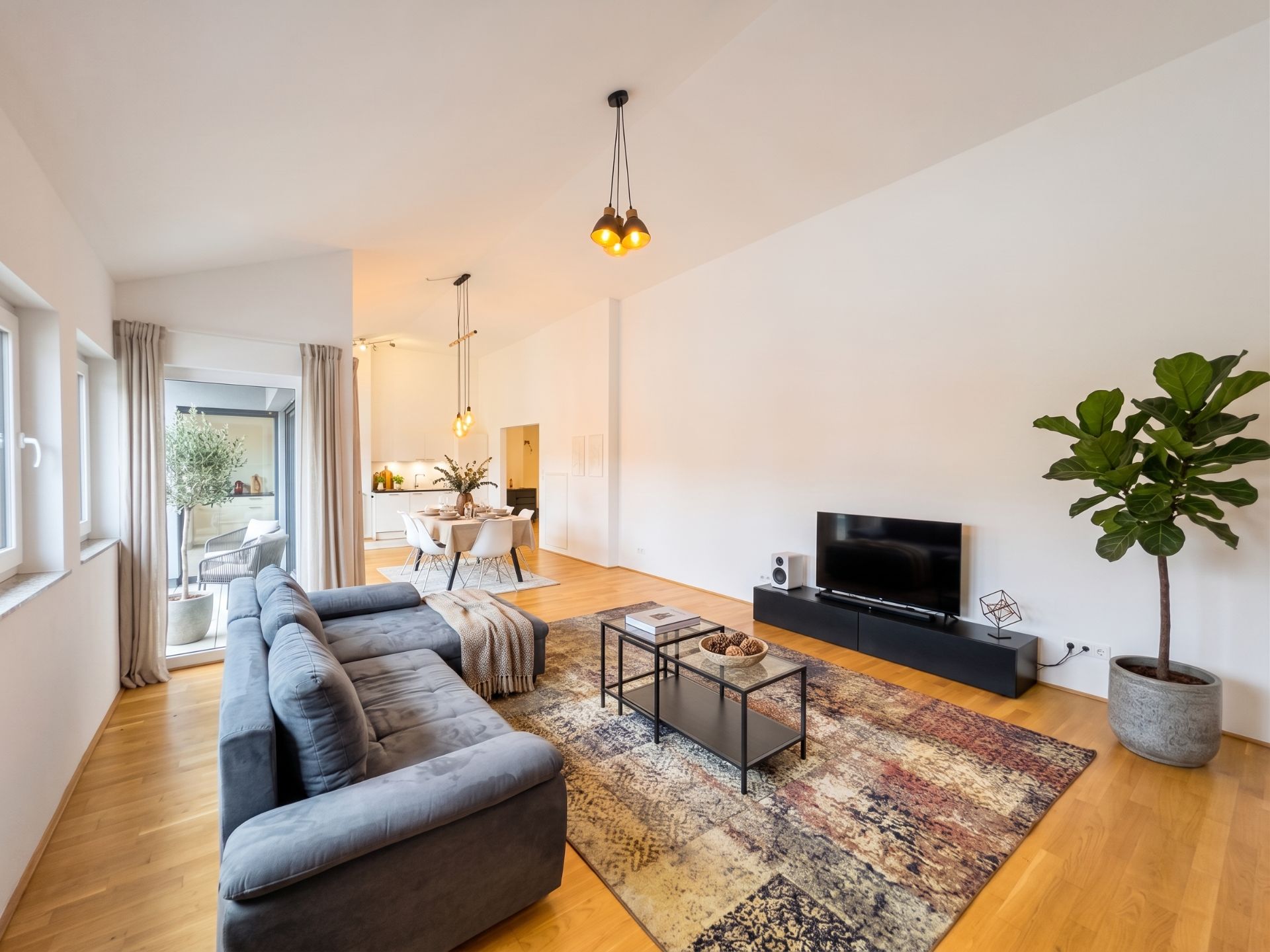 Helles Wohnzimmer mit Sofa, Teppich, Fernseher, Esstisch und großer Zimmerpflanze.