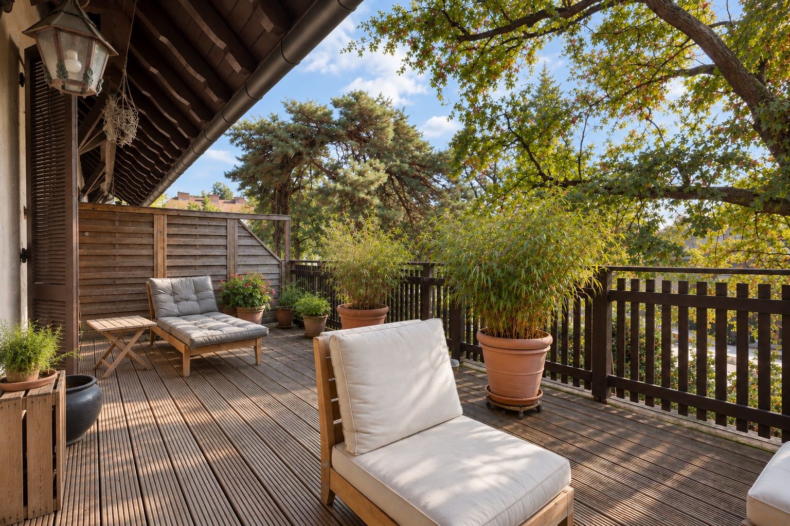 Große Holzterrasse mit Sitzmöbeln, Pflanzen in Töpfen und Blick auf Bäume.