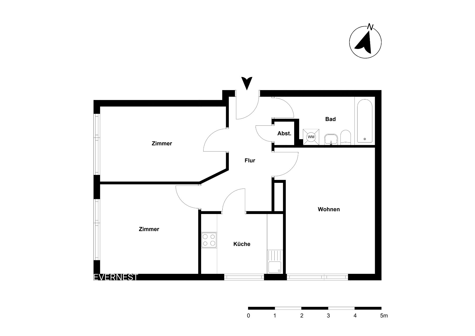 Grundriss einer Wohnung mit zwei Zimmern, Küche, Bad, Abstellraum, Flur und Wohnzimmer.
