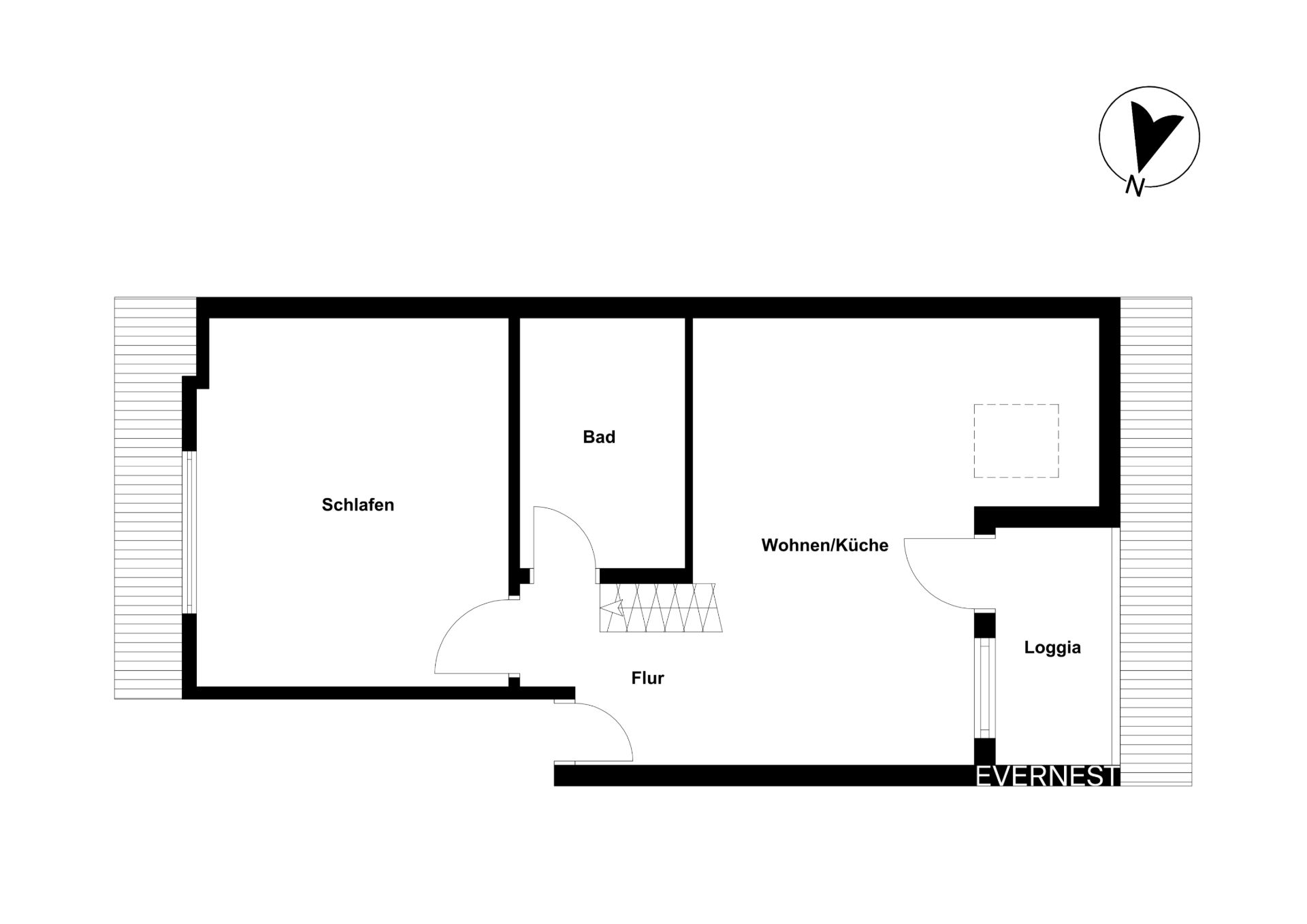 Grundriss einer Wohnung mit Schlafraum, Bad, Wohnküche, Flur und Loggia.