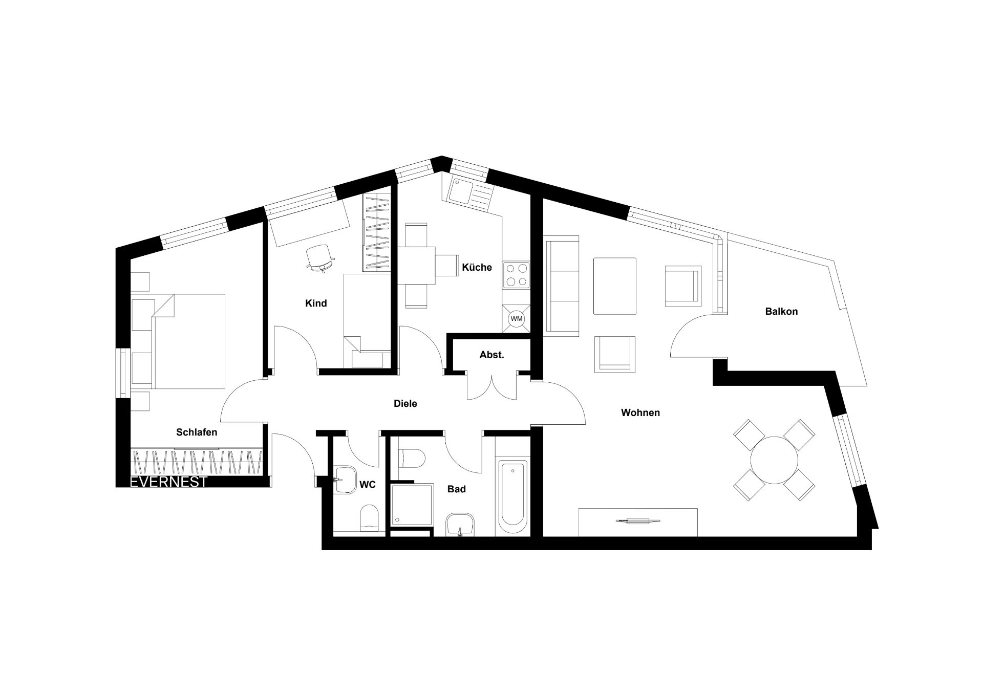 Grundriss einer Wohnung mit Schlafzimmer, Kinderzimmer, Küche, Bad, WC, Wohnzimmer und Balkon.