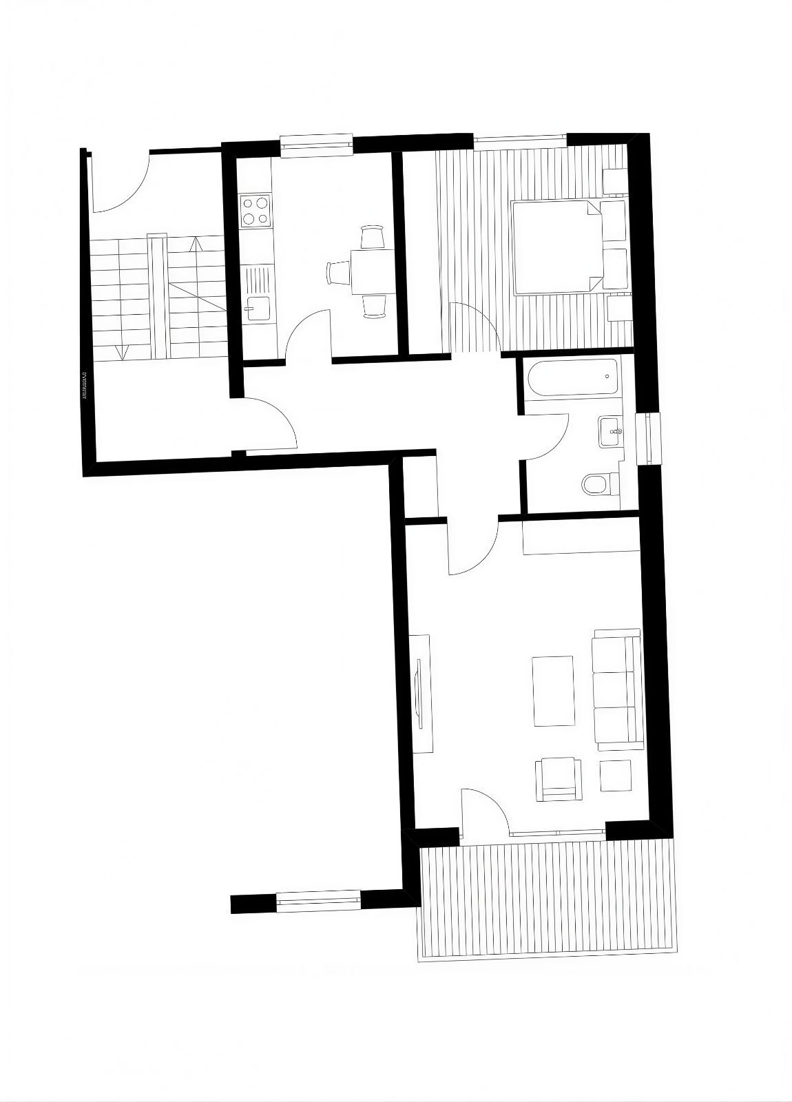 Grundriss mit Schlafzimmer, Wohnzimmer, Küche, Bad, Flur und Treppe.