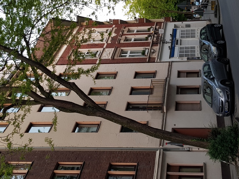 Mehrstöckiges Wohnhaus mit hellem Putz, davor stehen geparkte Autos und ein großer Baum am Straßenrand.