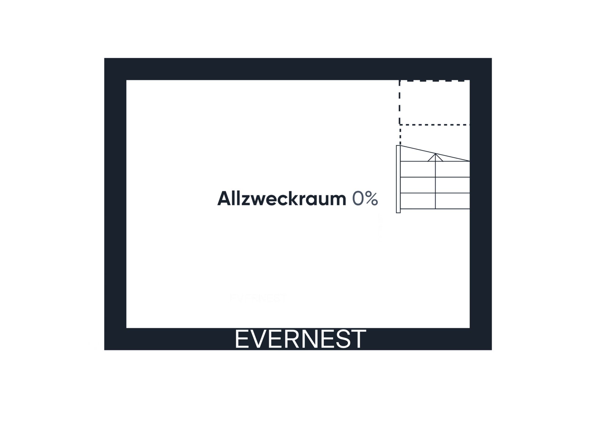Grundriss mit rechteckigem Allzweckraum und Treppensymbol in der Ecke.