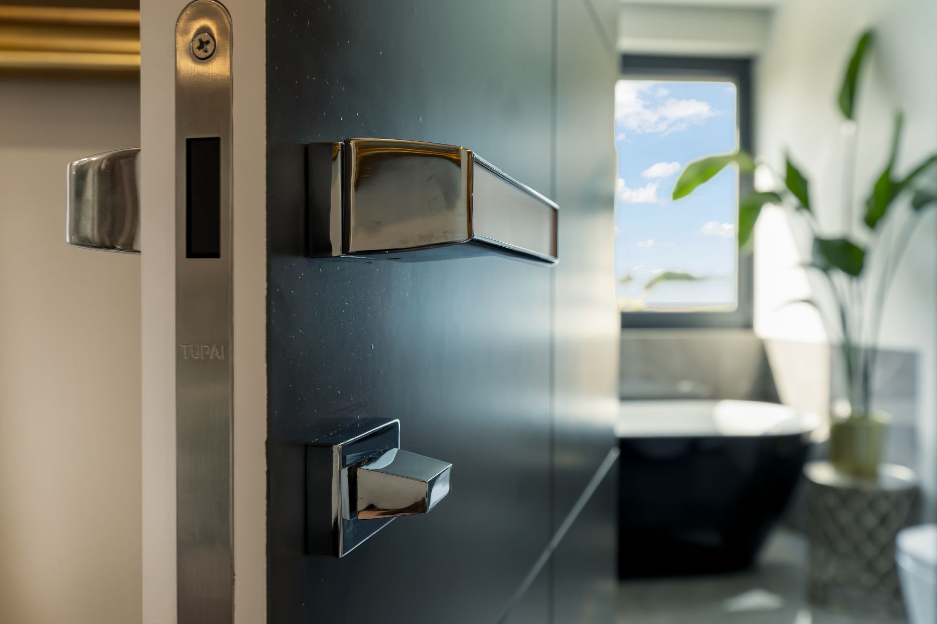 Geöffnete schwarze Tür mit Chromgriff, dahinter Bad mit Fenster, Pflanze und Badewanne.