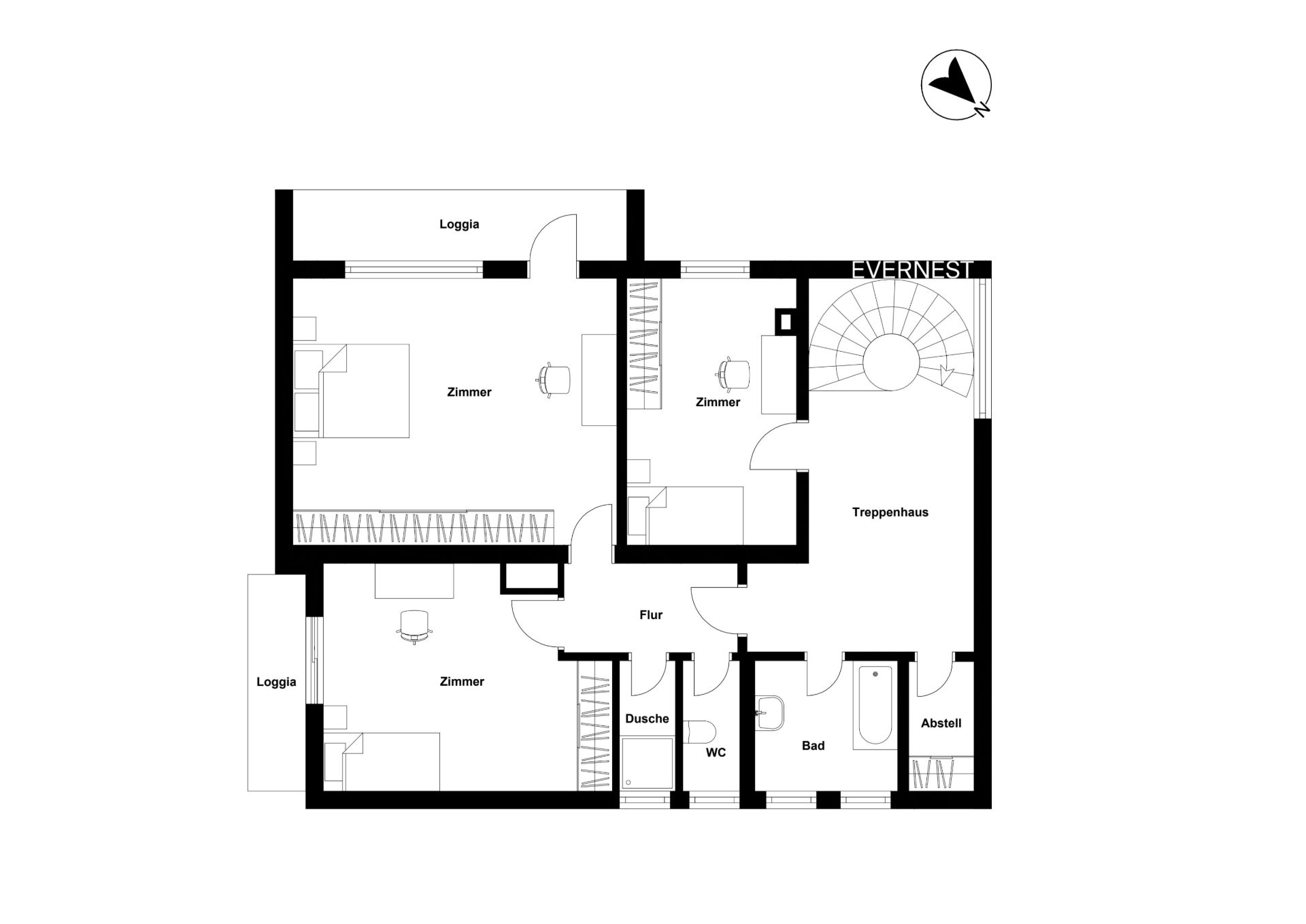 Grundriss mit drei Zimmern, zwei Loggien, Bad, Dusche, WC, Abstellraum und Treppenhaus.