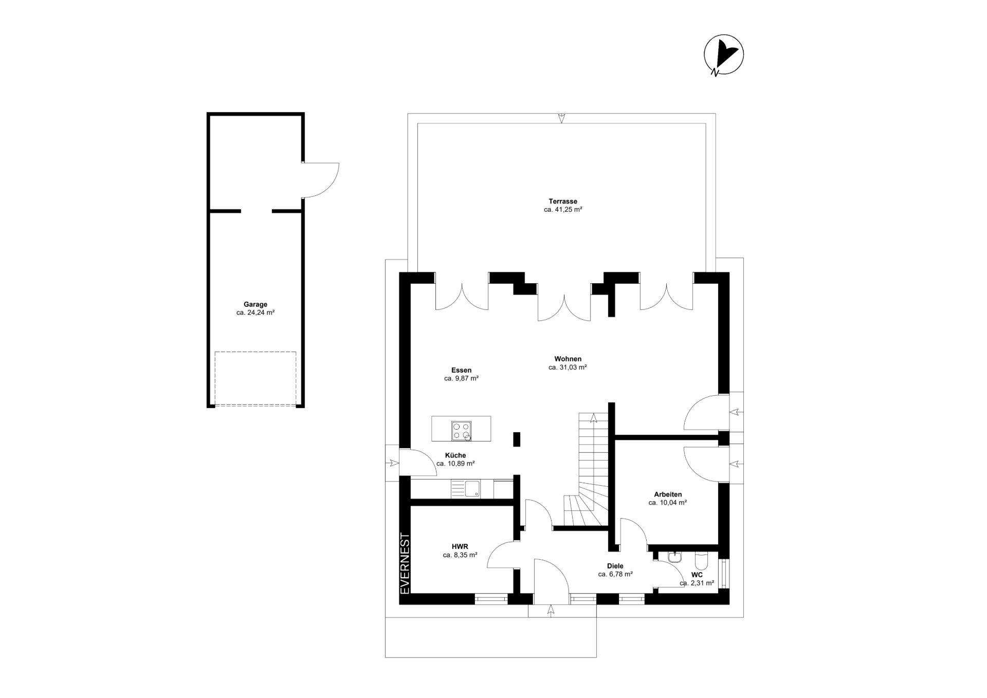 Grundriss des Erdgeschosses mit Garage, Terrasse, Wohn-, Ess-, Küchen- und Arbeitsbereich sowie WC und Hauswirtschaftsraum.