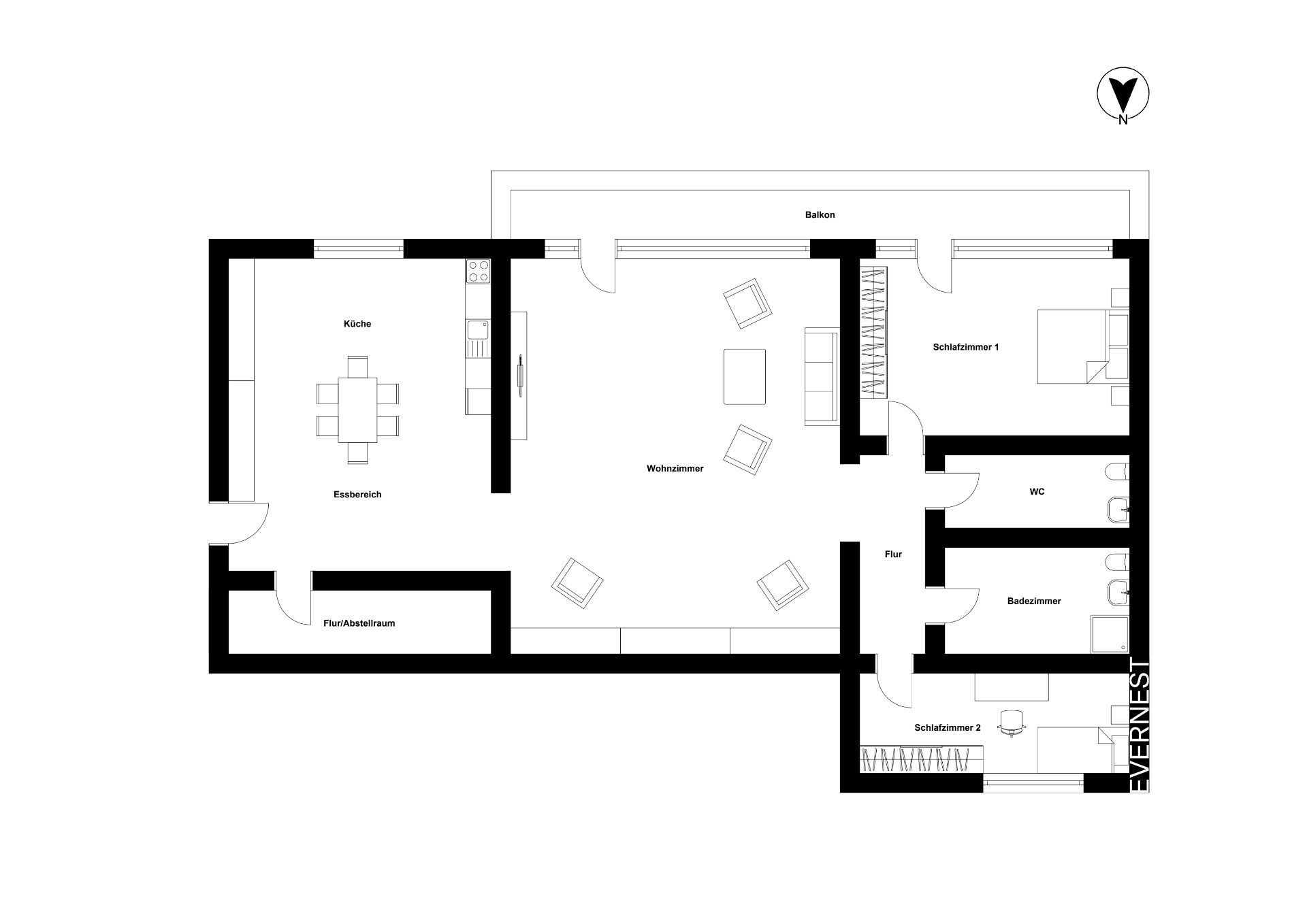 Grundriss einer Wohnung mit Wohnzimmer, Küche, zwei Schlafzimmern, Bad, WC und Balkon.