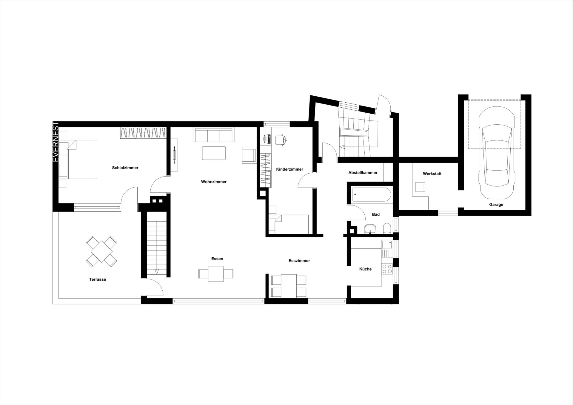 Grundriss eines Hauses mit Schlafzimmer, Wohnzimmer, Küche, Bad, Garage und Terrasse.