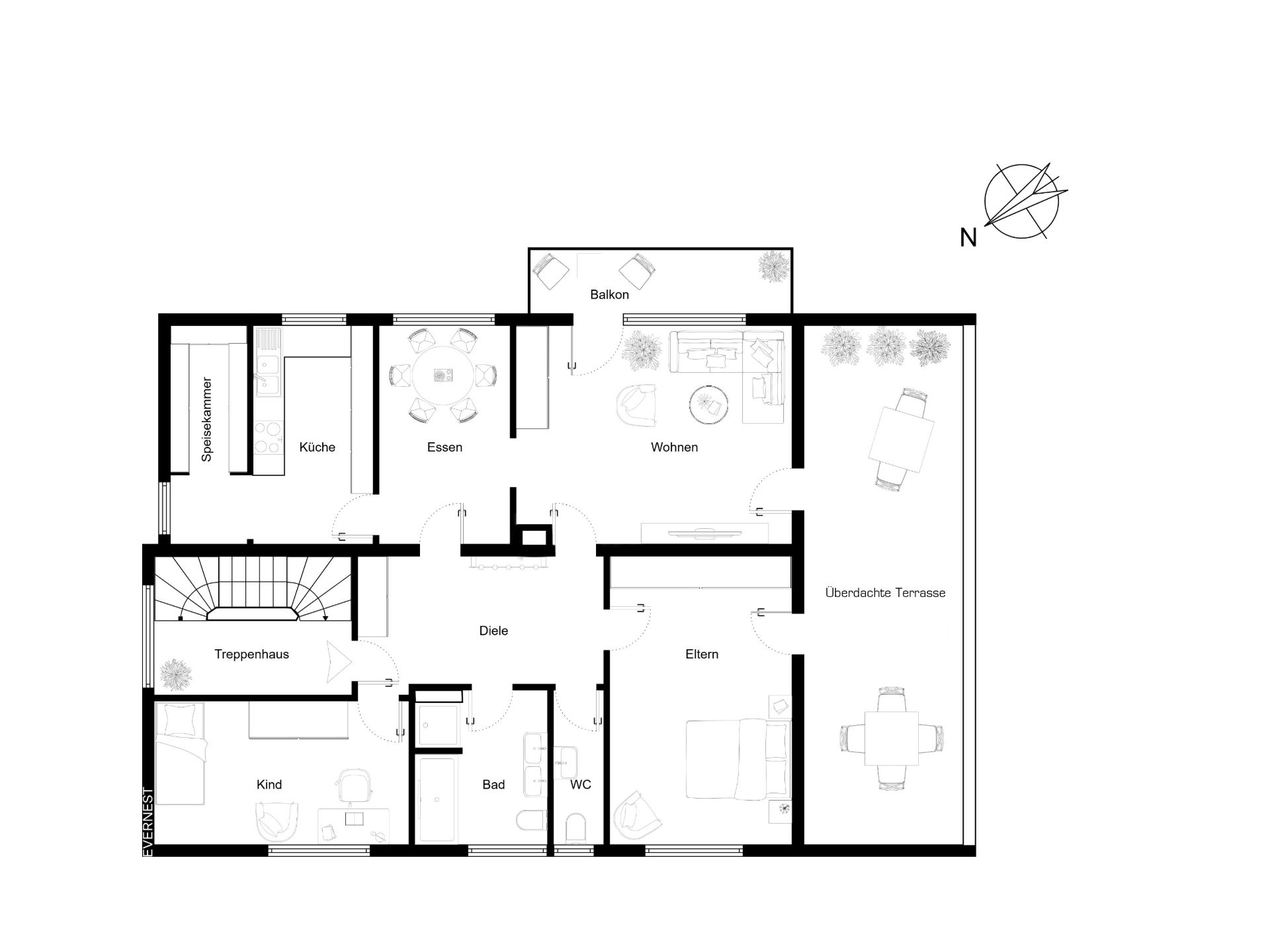 Grundriss einer Wohnung mit Balkon, Terrasse, Küche, Esszimmer, Wohnzimmer, Bad, WC und zwei Schlafzimmern.