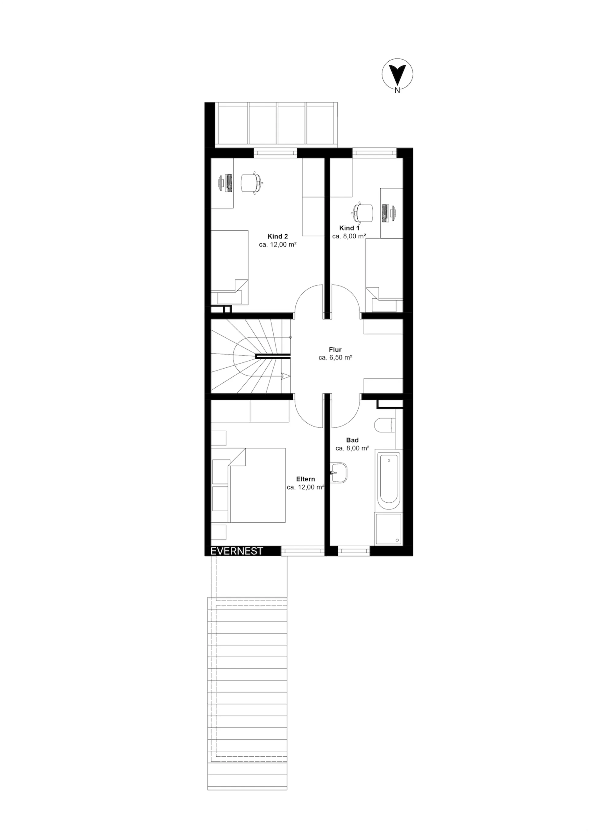 Grundriss eines Obergeschosses mit zwei Kinderzimmern, Elternschlafzimmer, Bad und Flur.