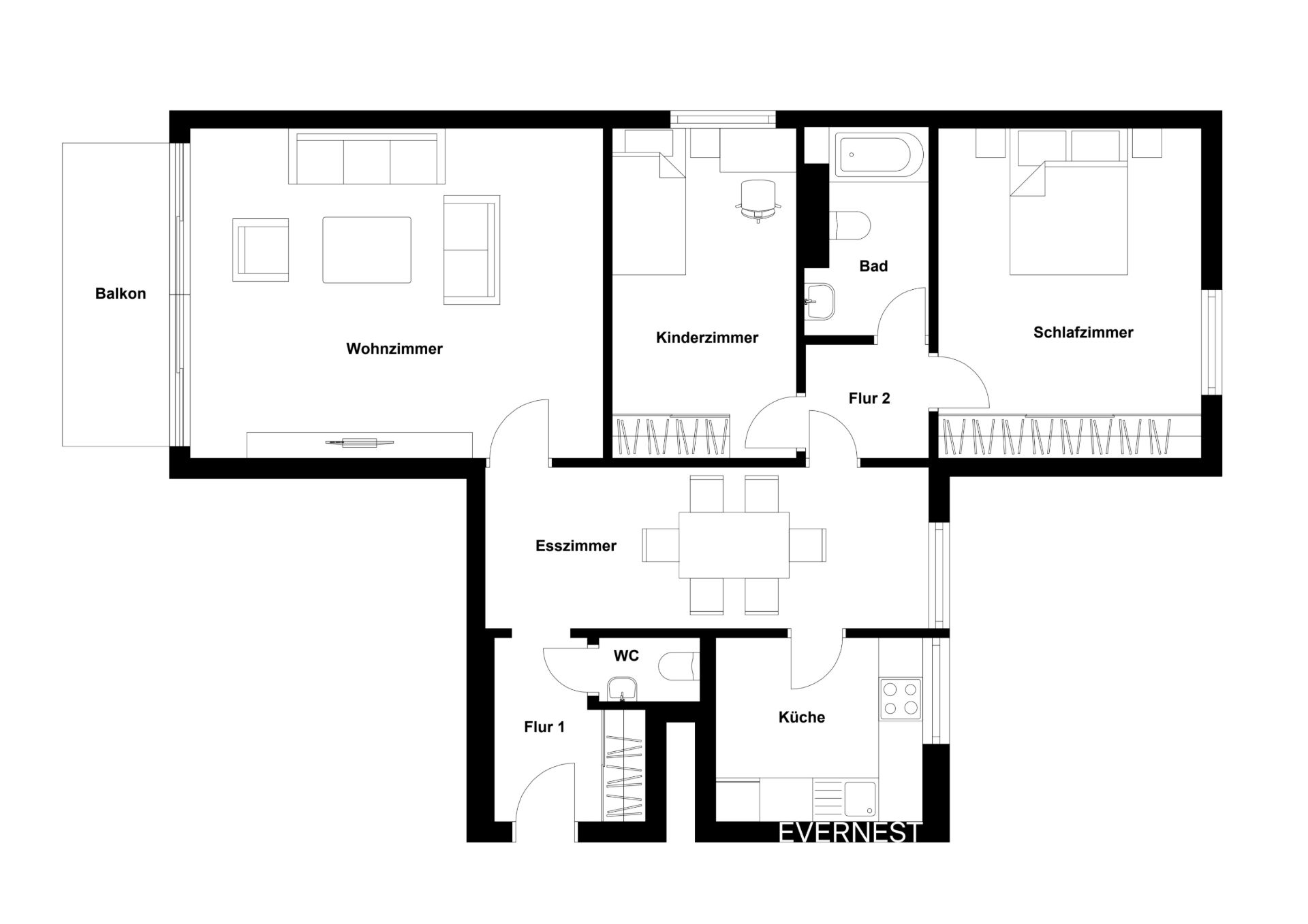 Grundriss einer Wohnung mit Wohnzimmer, Esszimmer, Küche, Bad, WC, Balkon, Schlafzimmer und Kinderzimmer.
