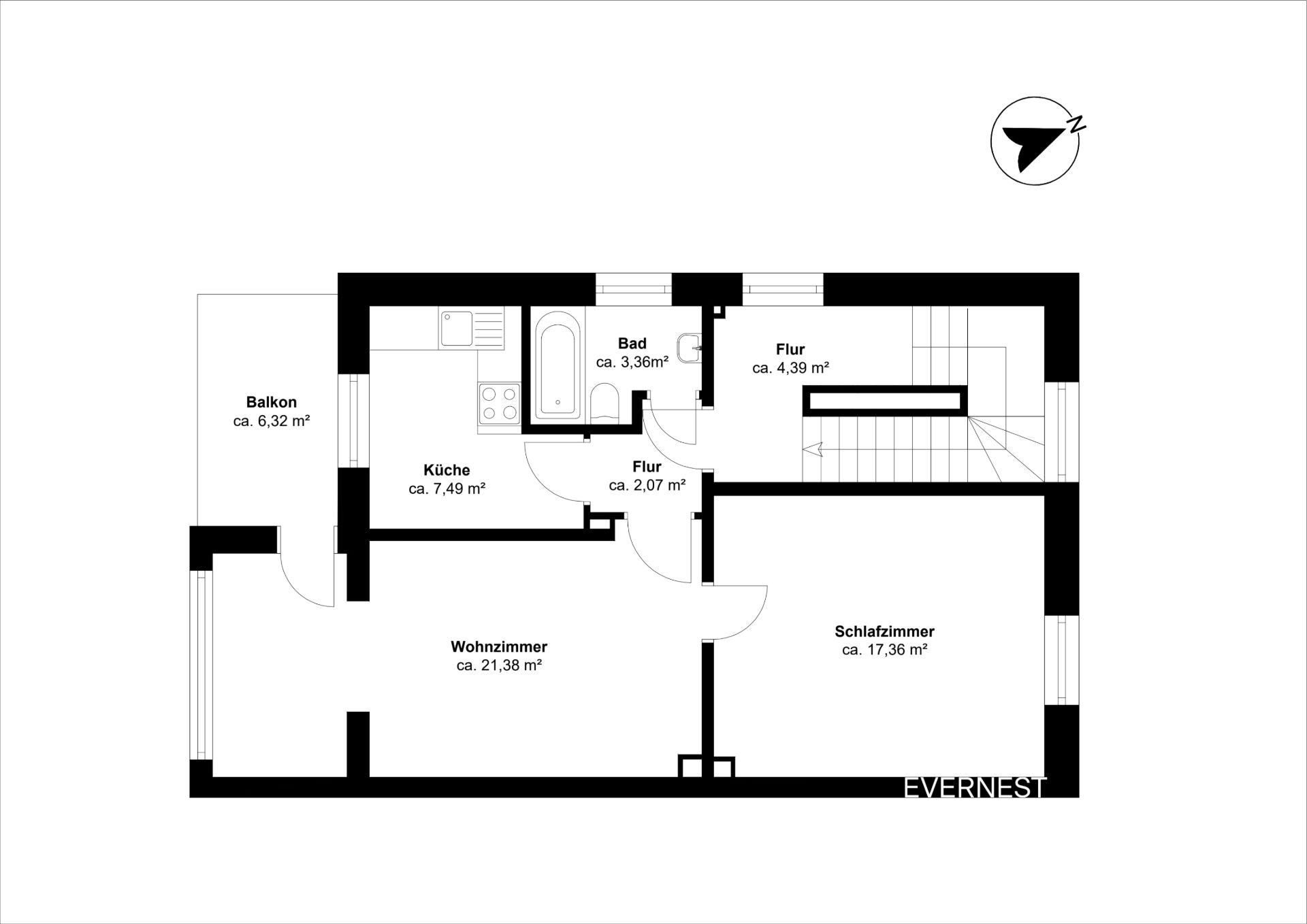 Grundriss einer Wohnung mit Wohnzimmer, Schlafzimmer, Küche, Bad, zwei Fluren und Balkon.