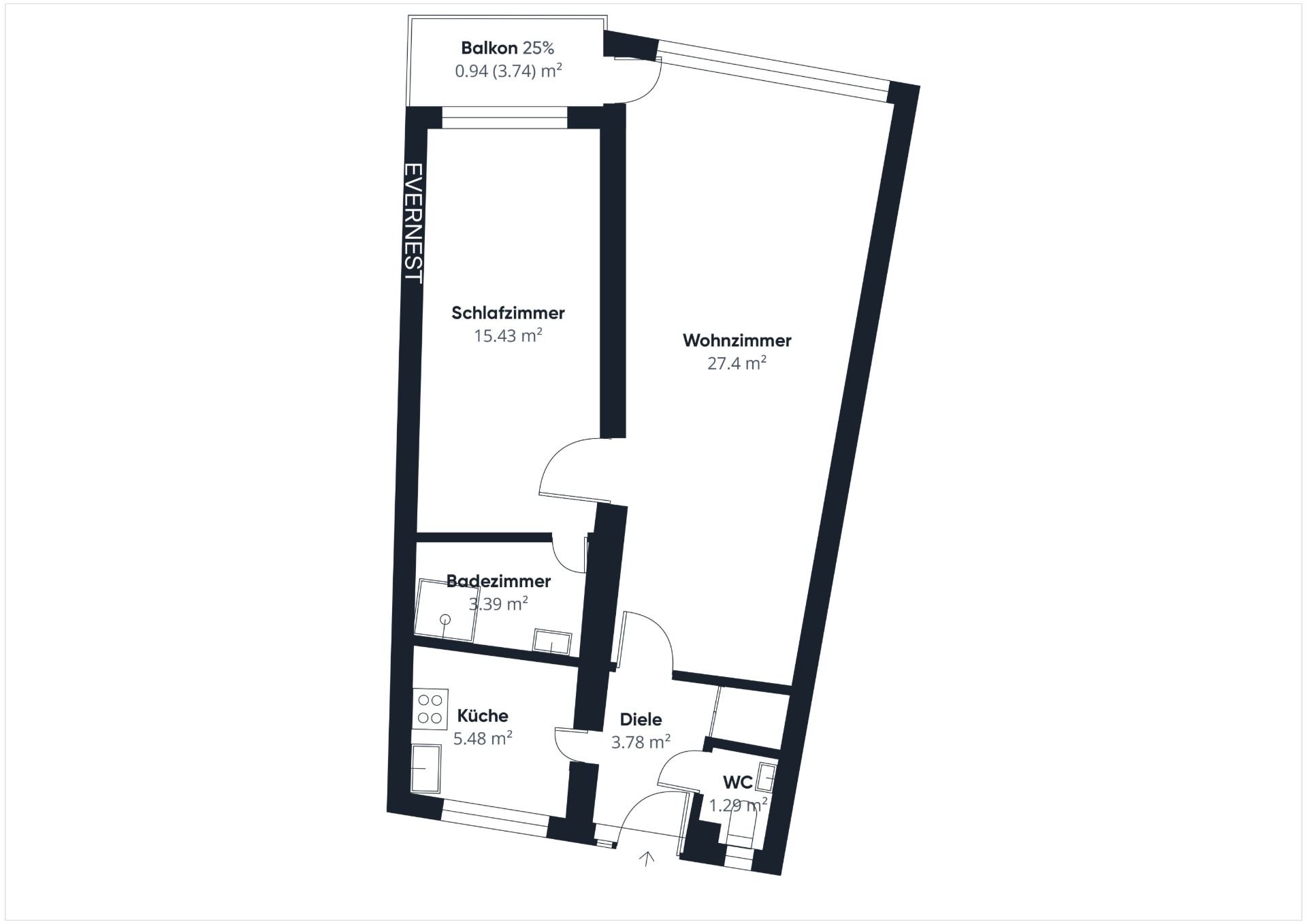 Grundriss einer Wohnung mit Wohnzimmer, Schlafzimmer, Küche, Bad, WC, Diele und Balkon.
