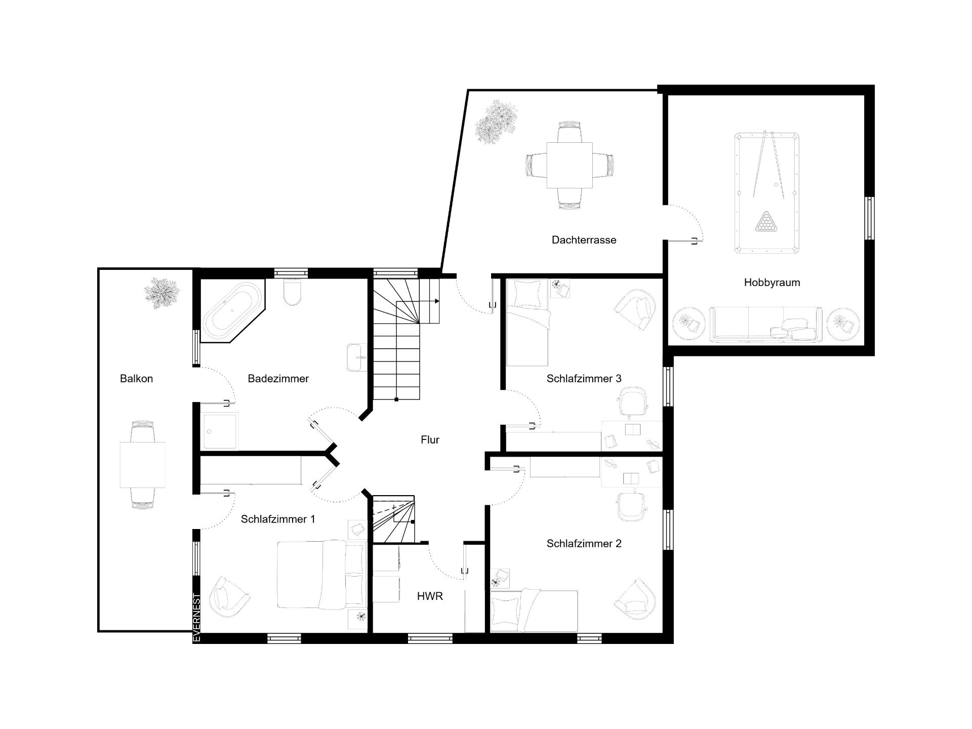 Grundriss mit drei Schlafzimmern, Badezimmer, Balkon, Dachterrasse, Hobbyraum und Flur.