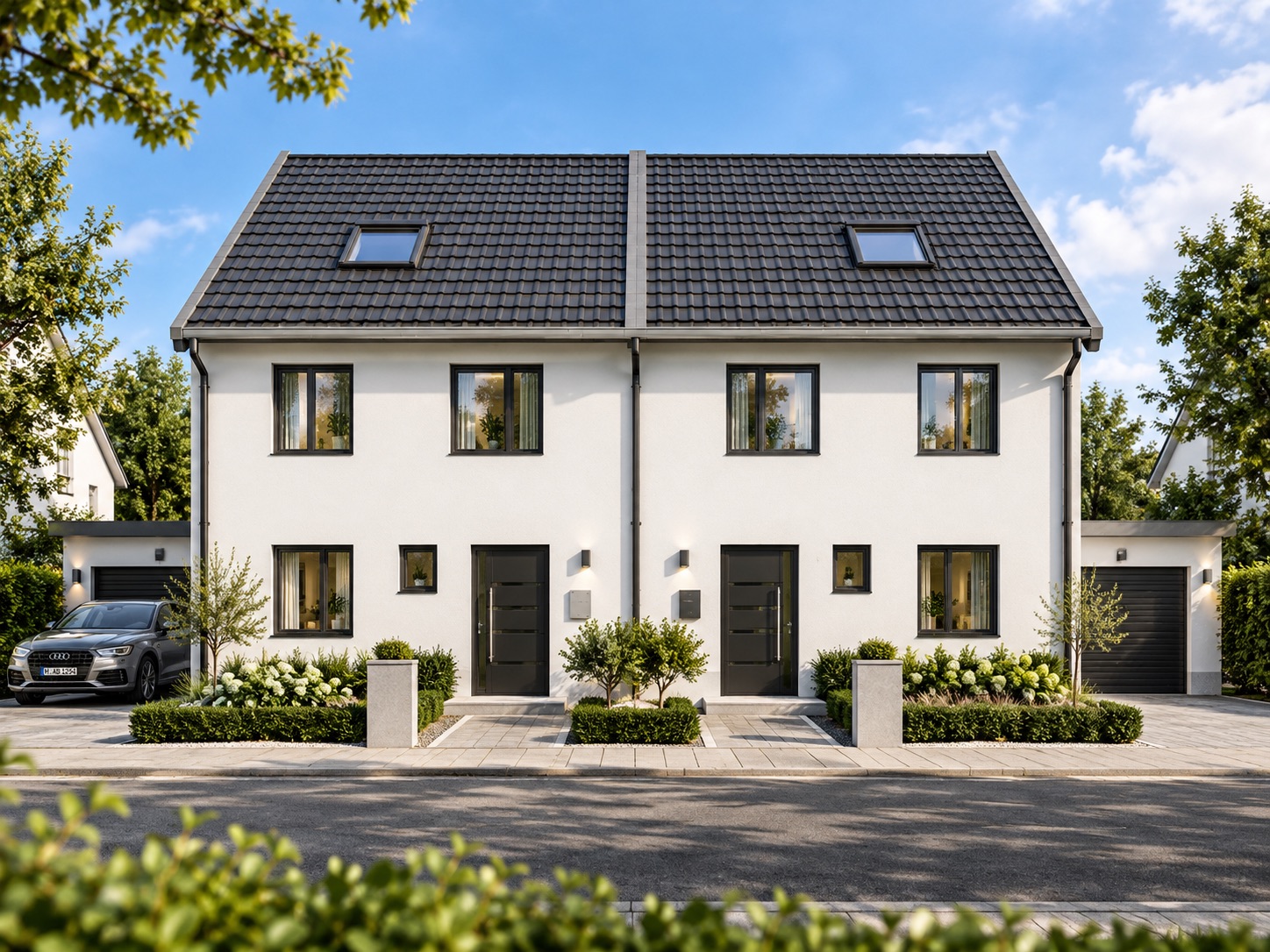 Modernes, weißes Doppelhaus mit zwei Eingängen, Garten und Garagen an beiden Seiten.