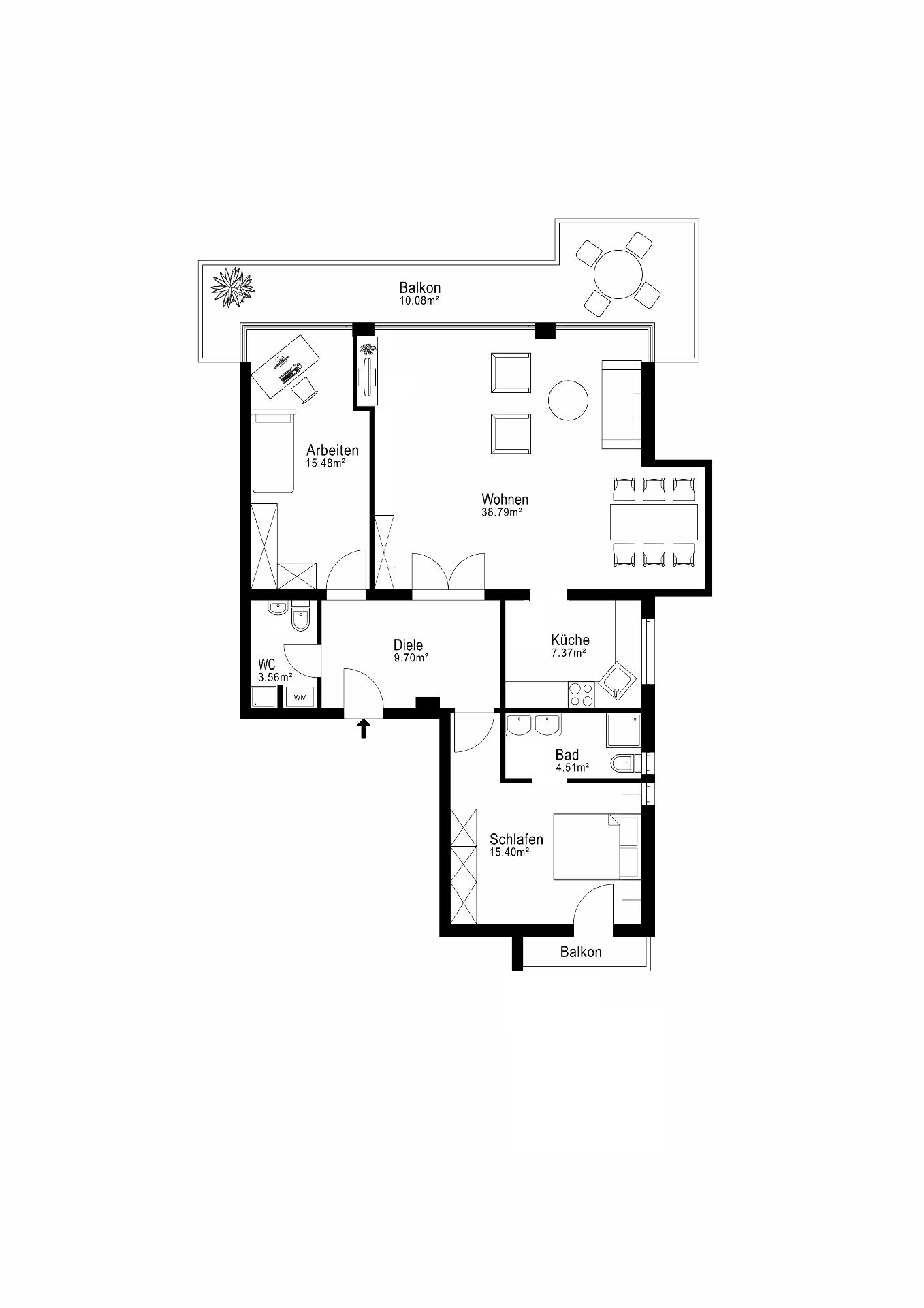 Grundriss einer Wohnung mit Arbeitszimmer, Wohnzimmer, Küche, Bad, Schlafzimmer und zwei Balkonen.