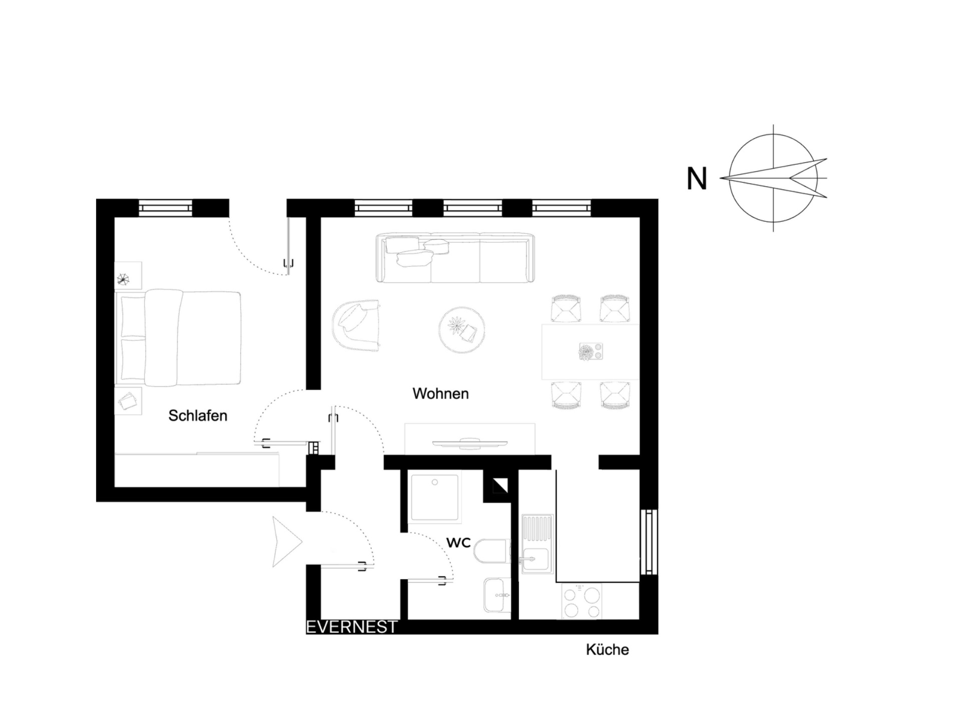 Grundriss mit Schlafzimmer, Wohnzimmer, Küche und Bad, Türen und Möbeln sichtbar.