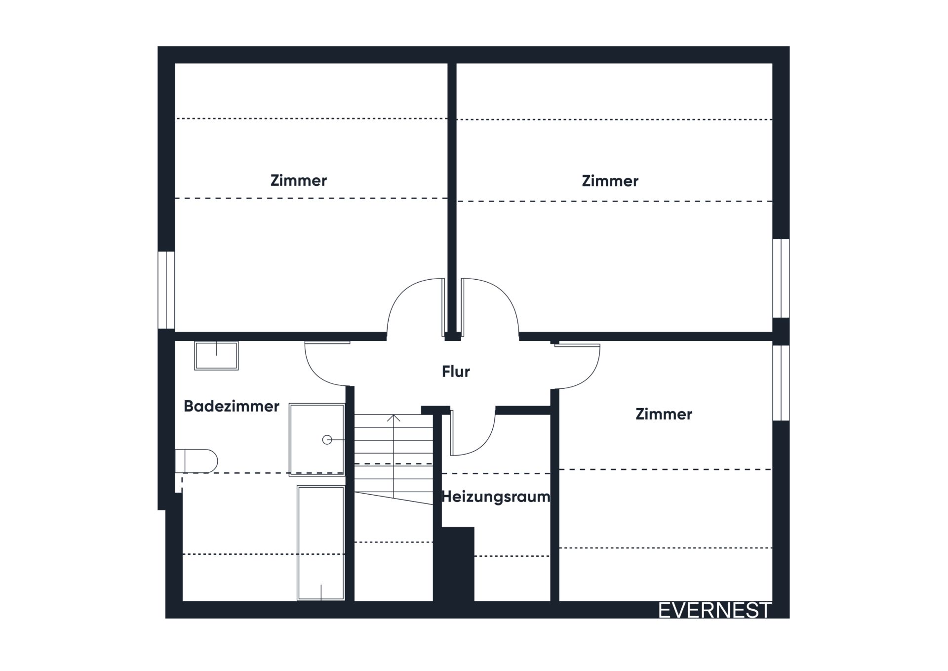 Grundriss mit drei Zimmern, Badezimmer, Flur und Heizungsraum.