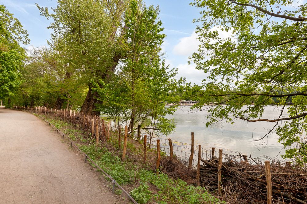 Ein Weg verläuft an einem umzäunten Ufer mit Bäumen und Blick auf das Wasser.