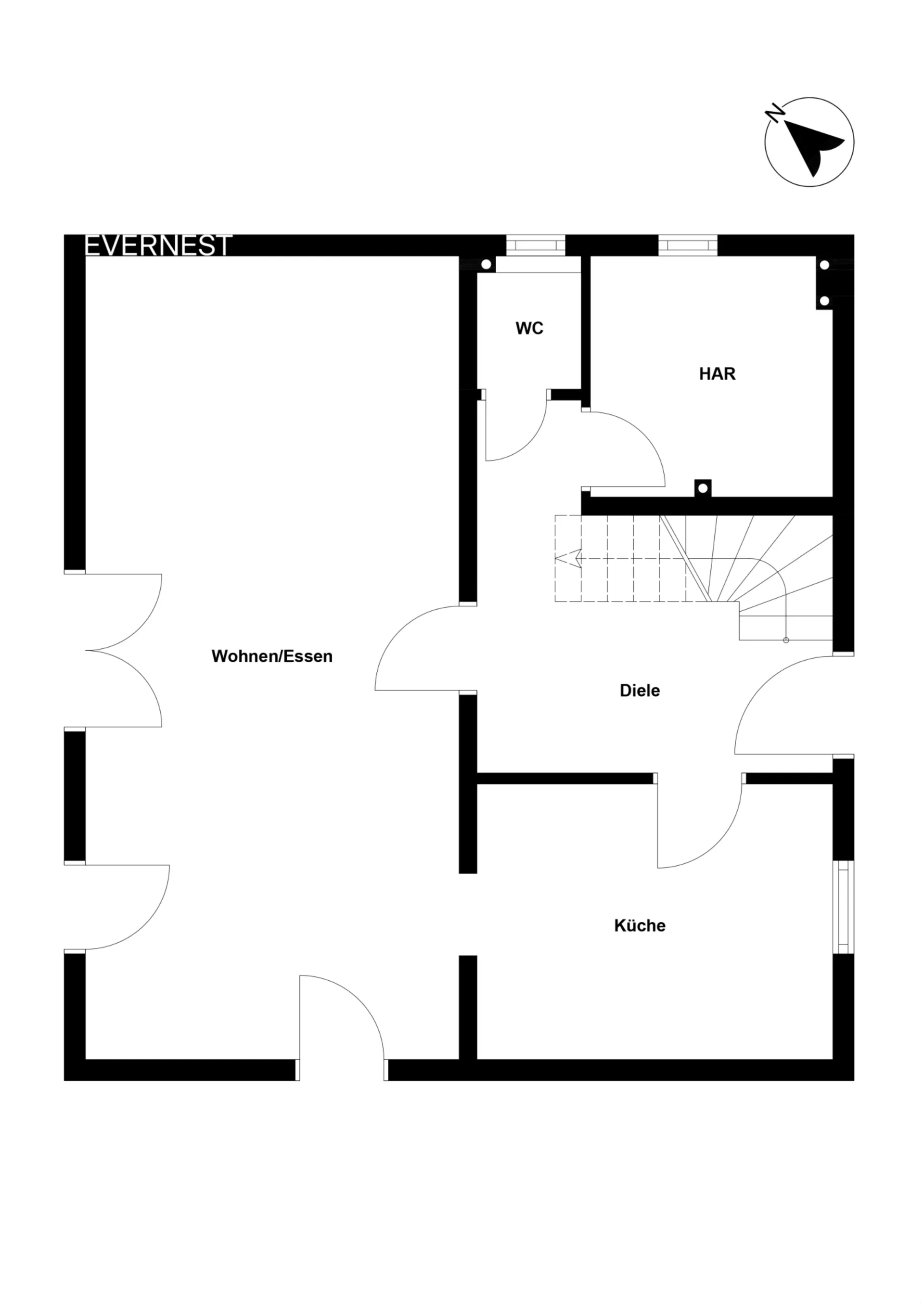 Grundriss eines Wohnbereichs mit Küche, WC, HAR, Diele und Wohn-/Esszimmer.