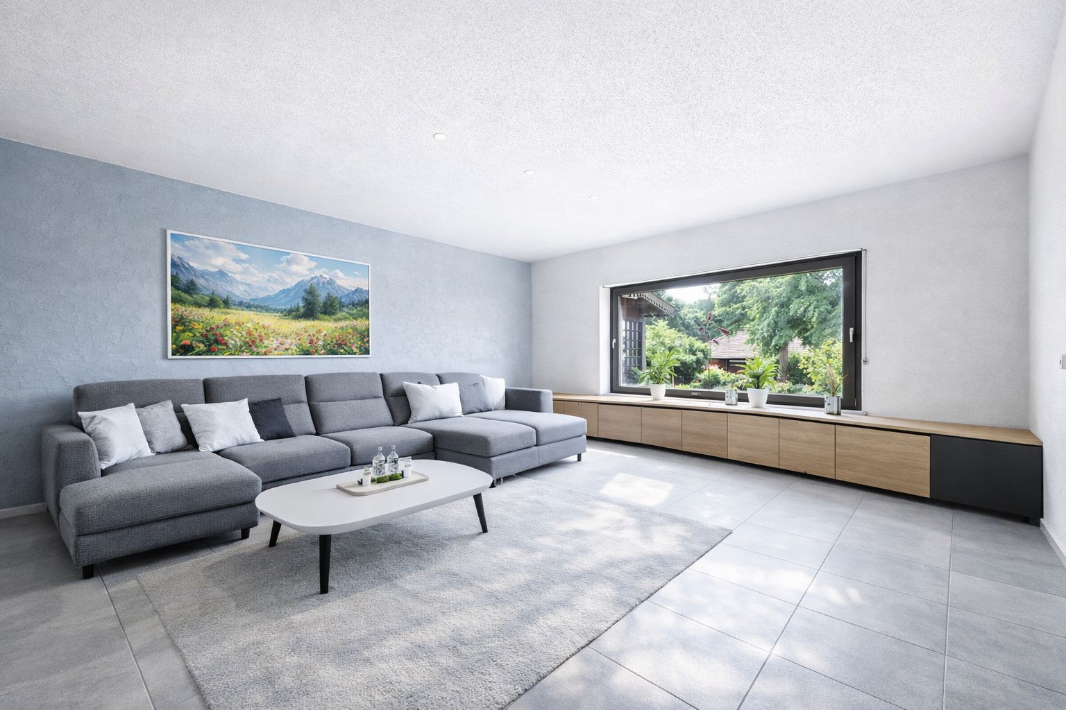 Modernes Wohnzimmer mit großer grauer Eckcouch, Couchtisch und breitem Fenster mit Blick nach draußen.