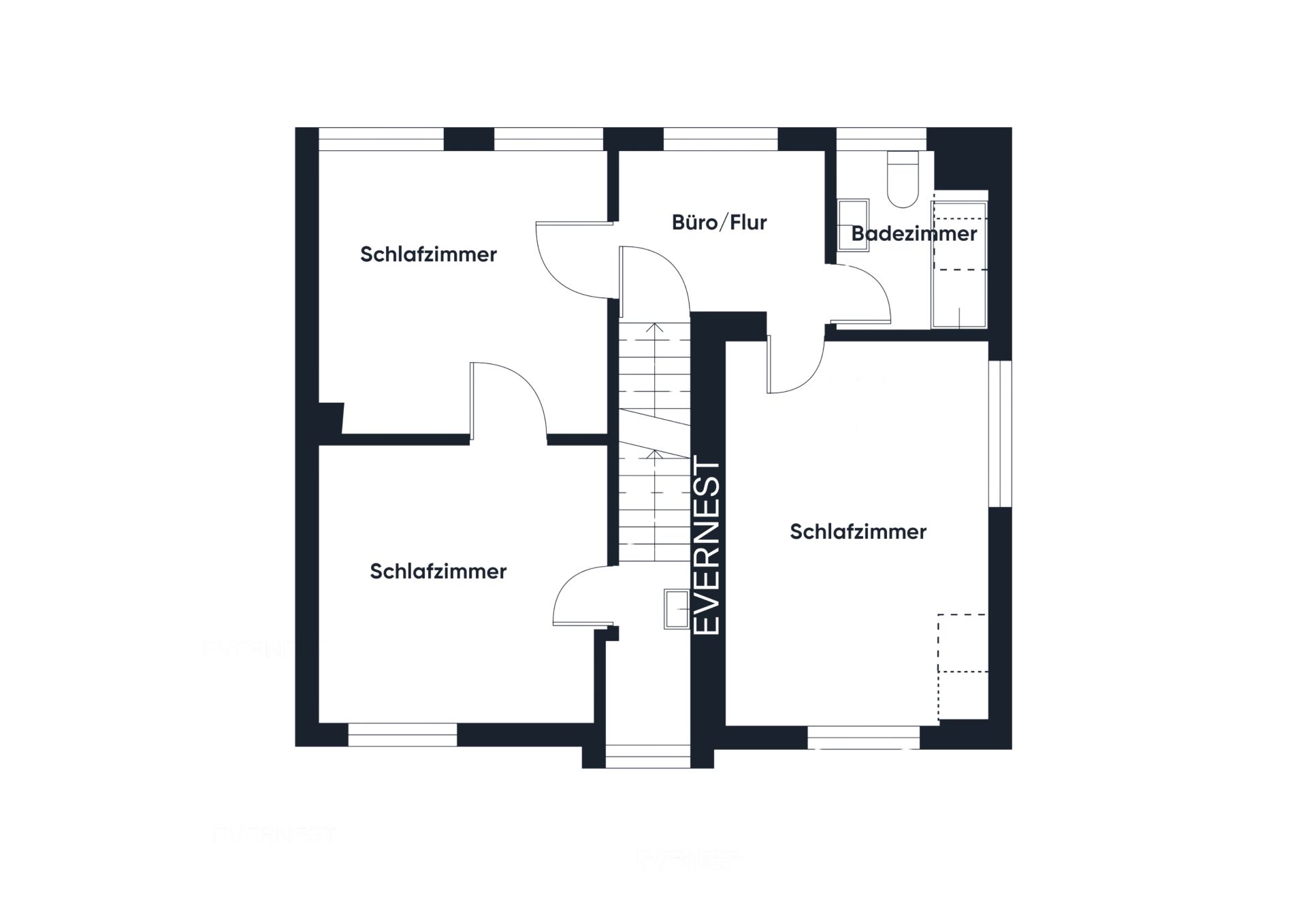 Wohnungsgrundriss mit drei Schlafzimmern, Büro/Flur, Badezimmer und Treppenhaus.