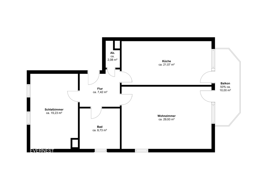 Grundriss einer Wohnung mit Schlafzimmer, Wohnzimmer, Küche, Bad, Flur, Abstellraum und Balkon.