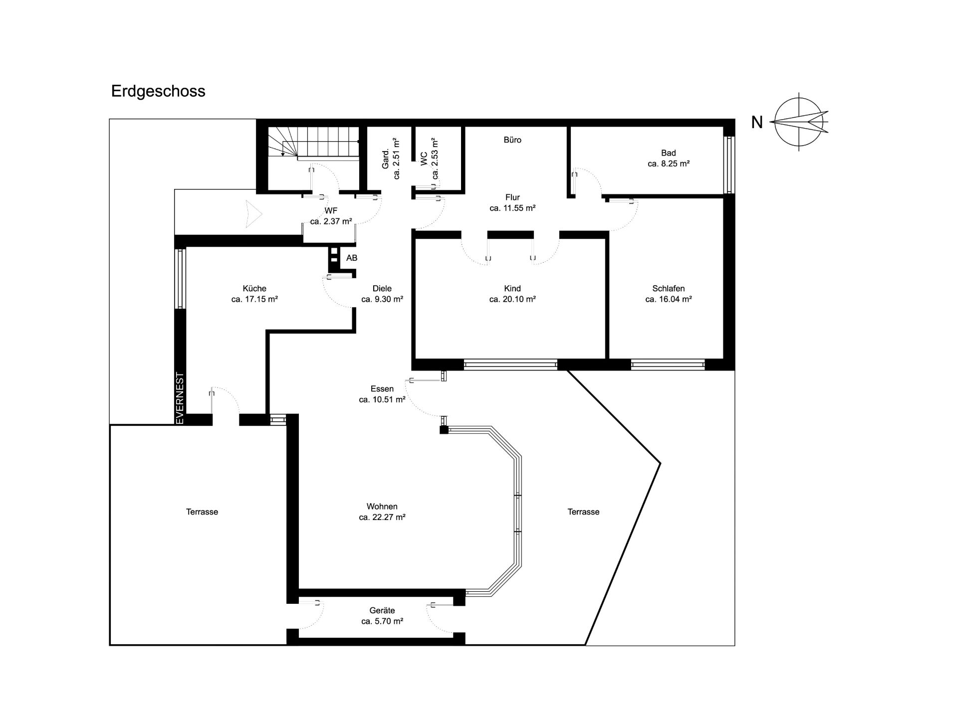Grundriss des Erdgeschosses mit Küche, Wohnzimmer, Schlafzimmer, Bad und Terrasse.