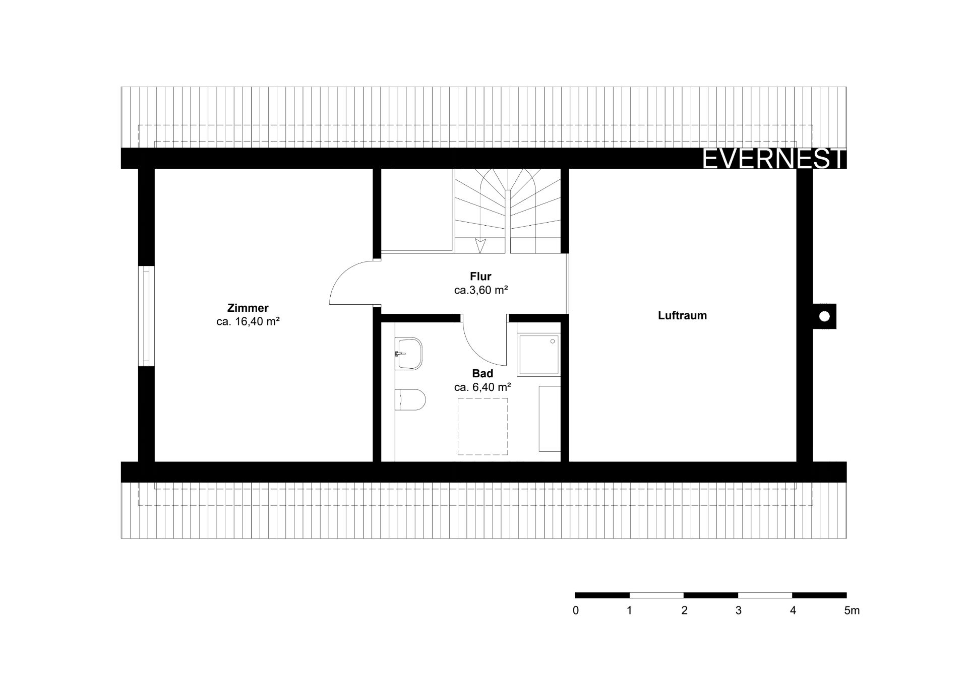 Grundriss mit Zimmer, Flur, Bad und Luftraum, alle Räume sind beschriftet.